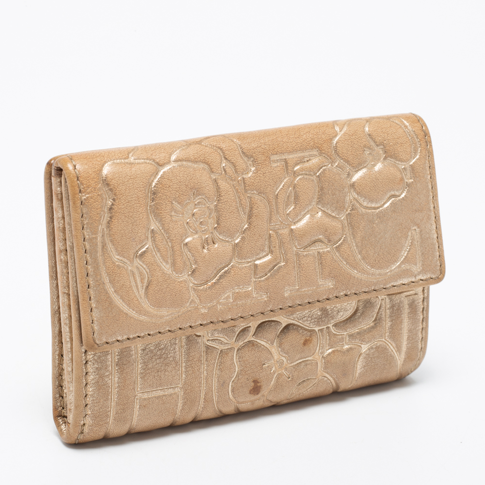 CH Carolina Herrera Gold Floral Embossed Leather Flap Compact Wallet