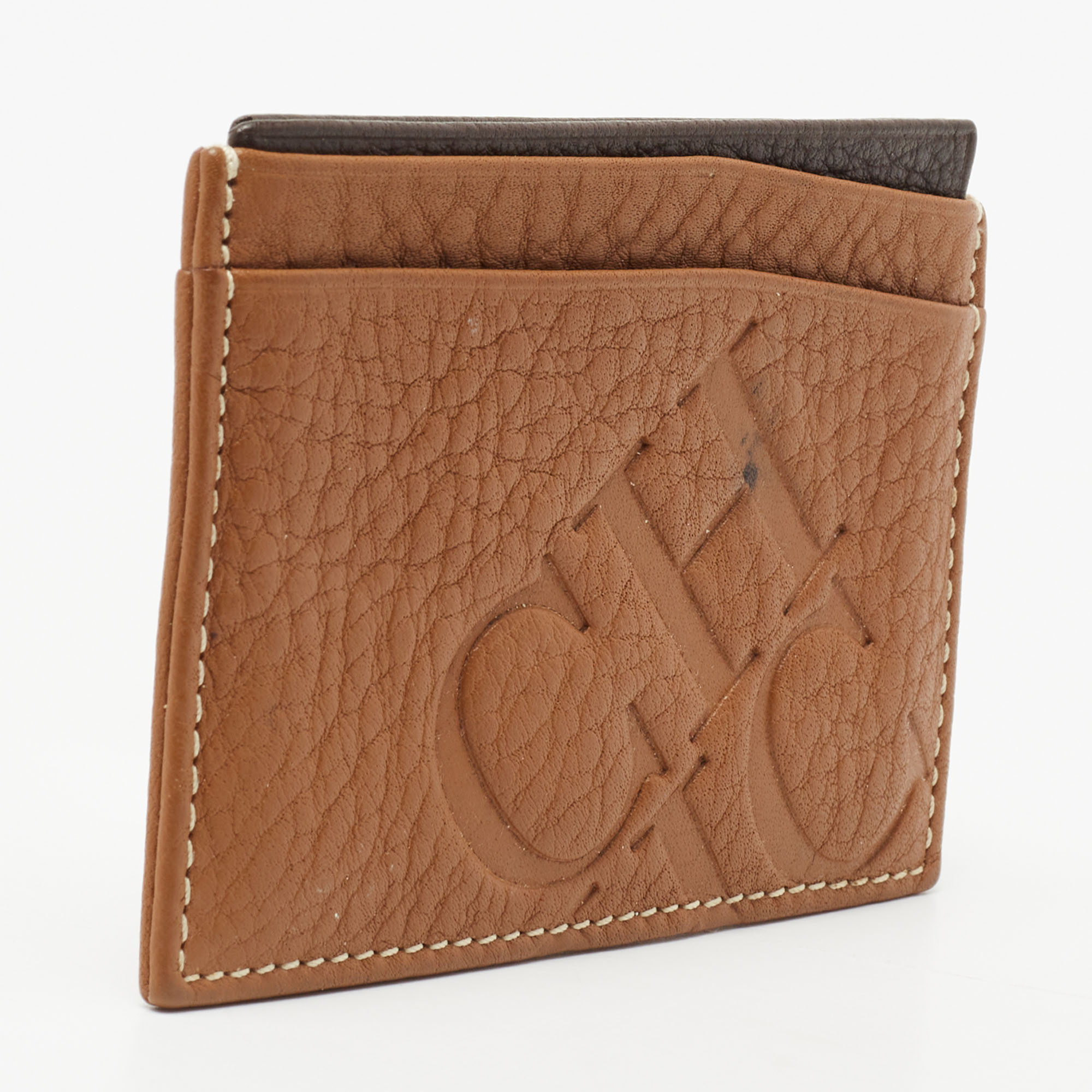 CH Carolina Herrera Tan Monogram Embossed Leather Card Holder