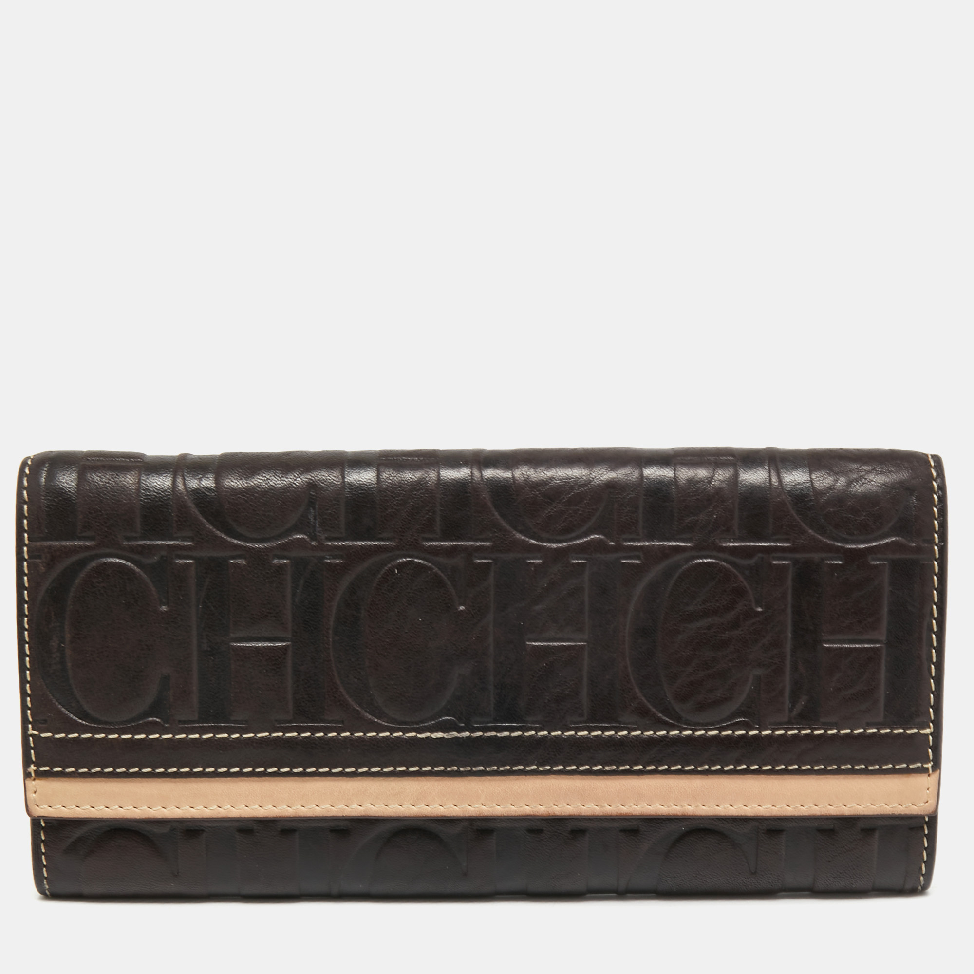 CH Carolina Herrera Brown/Beige Monogram Embossed Leather Continental Wallet