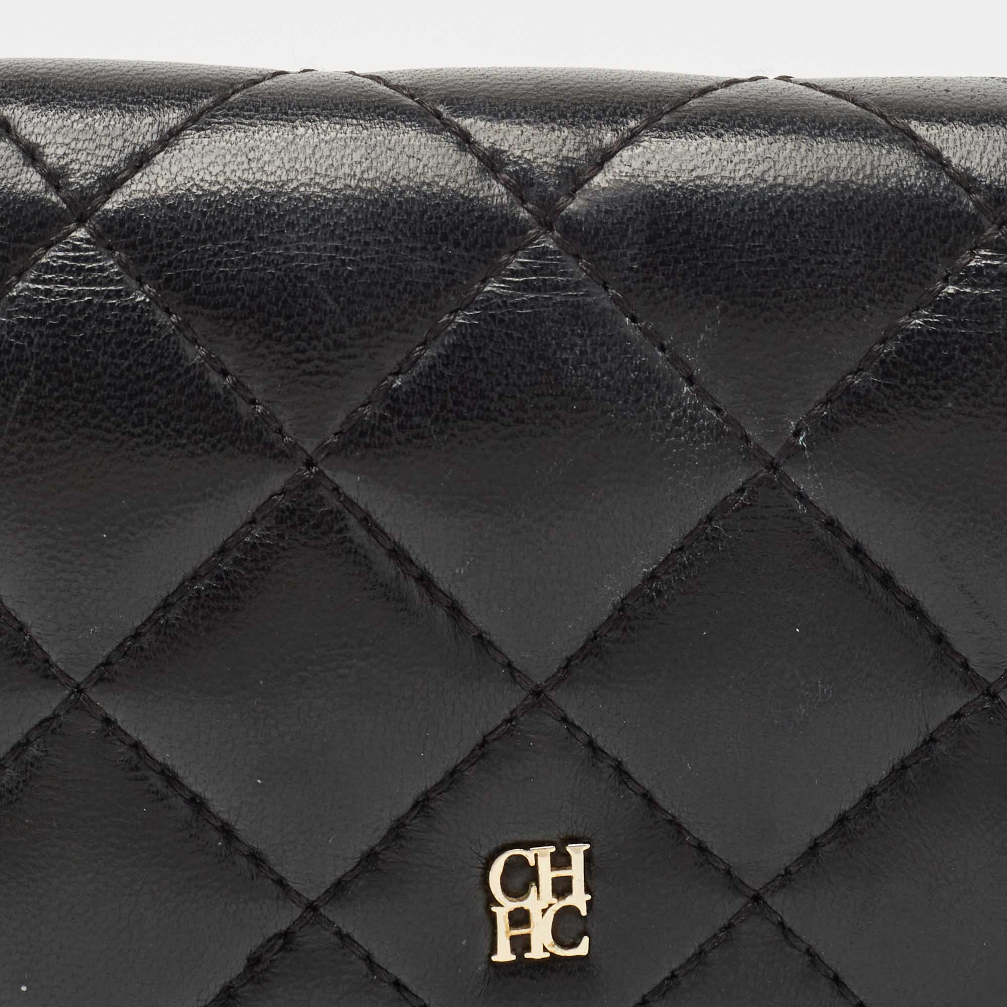 CH Carolina Herrera Black Quilted Leather Logo Trifold Wallet