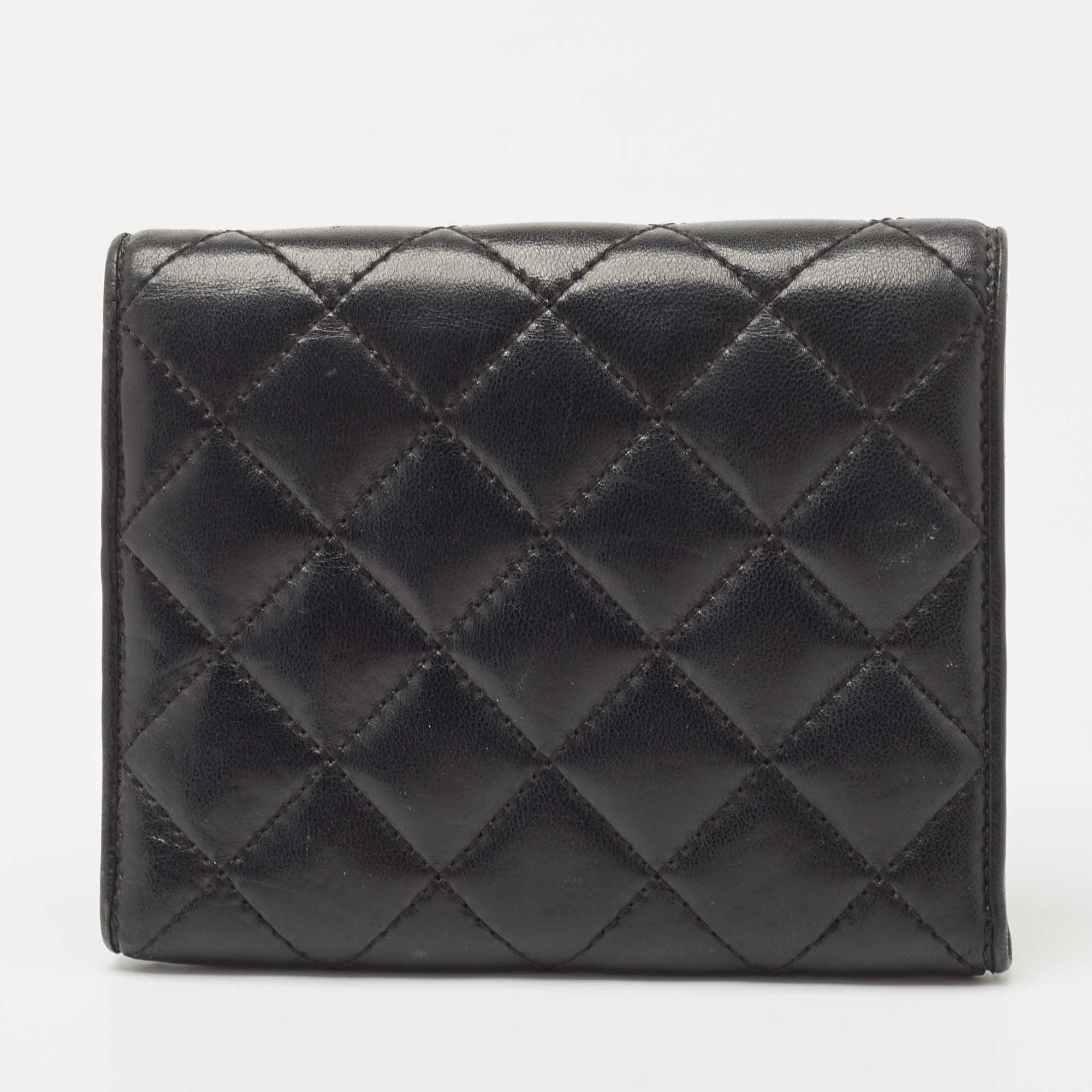 CH Carolina Herrera Black Quilted Leather Logo Trifold Wallet