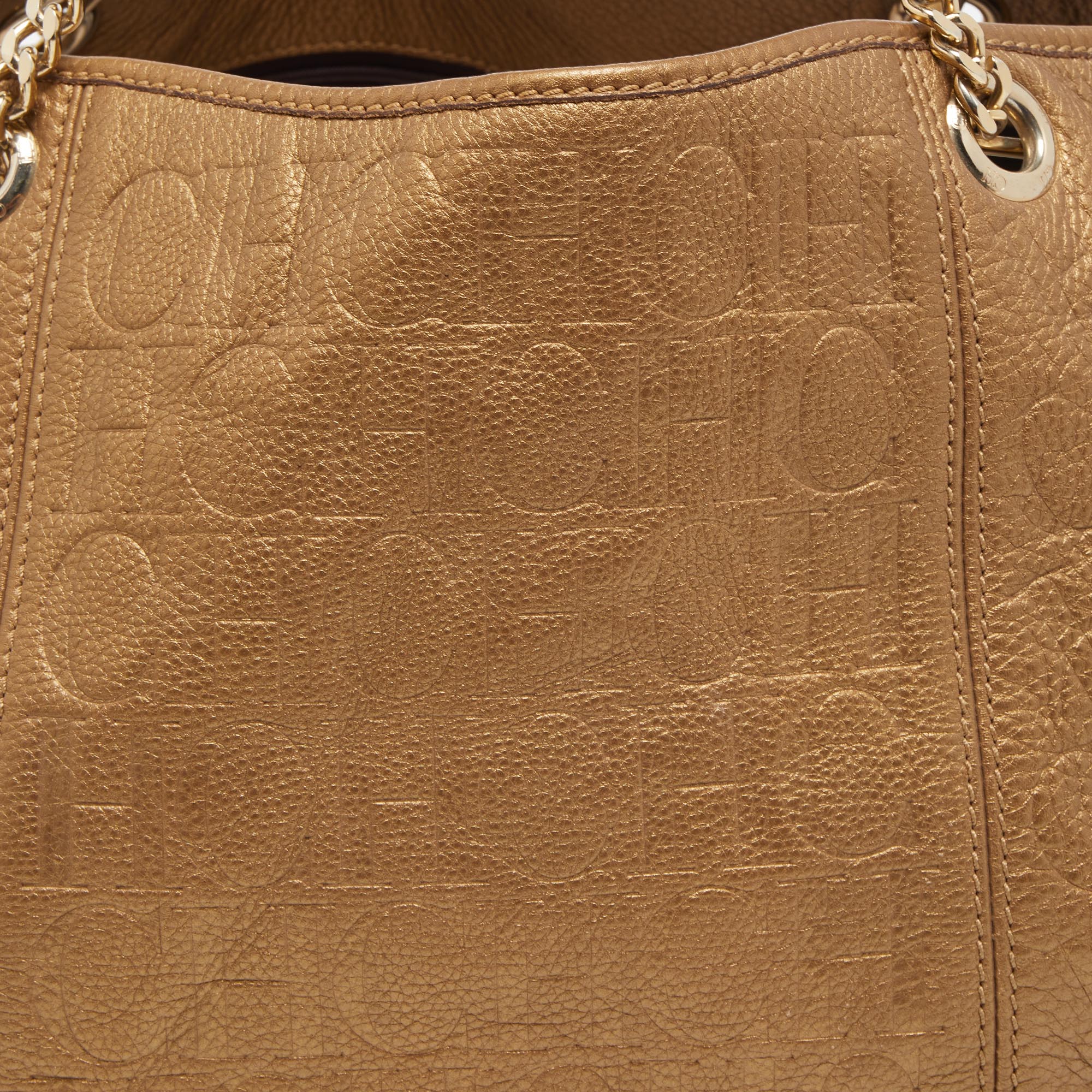 CH Carolina Herrera Gold Monogram Embossed Leather Dahlia Hobo