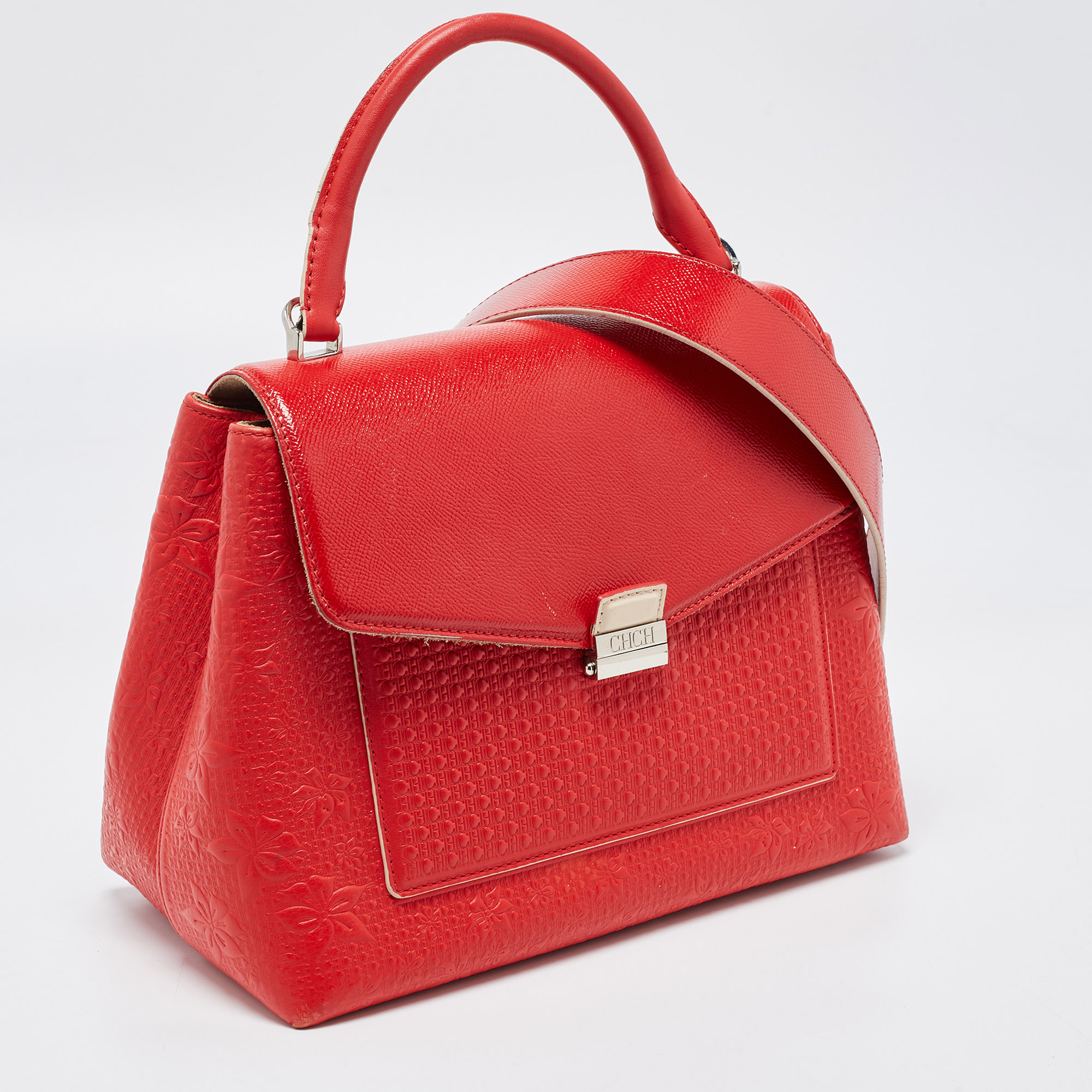 CH Carolina Herrera Red Embossed Leather And Patent Leather Top Handle Bag