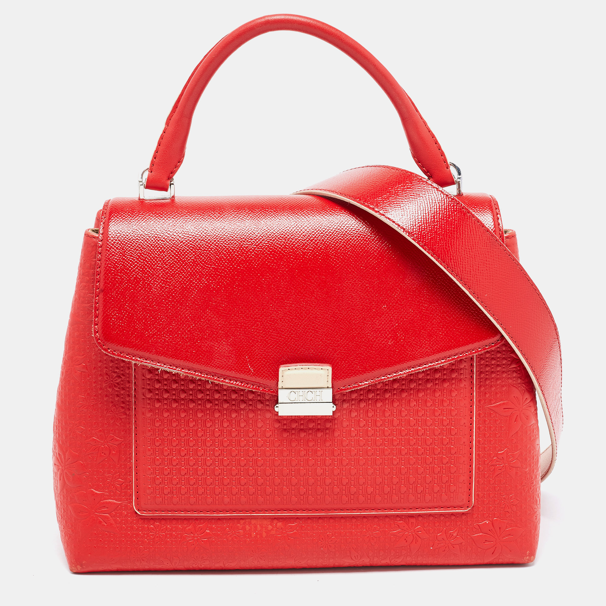 CH Carolina Herrera Red Embossed Leather And Patent Leather Top Handle Bag