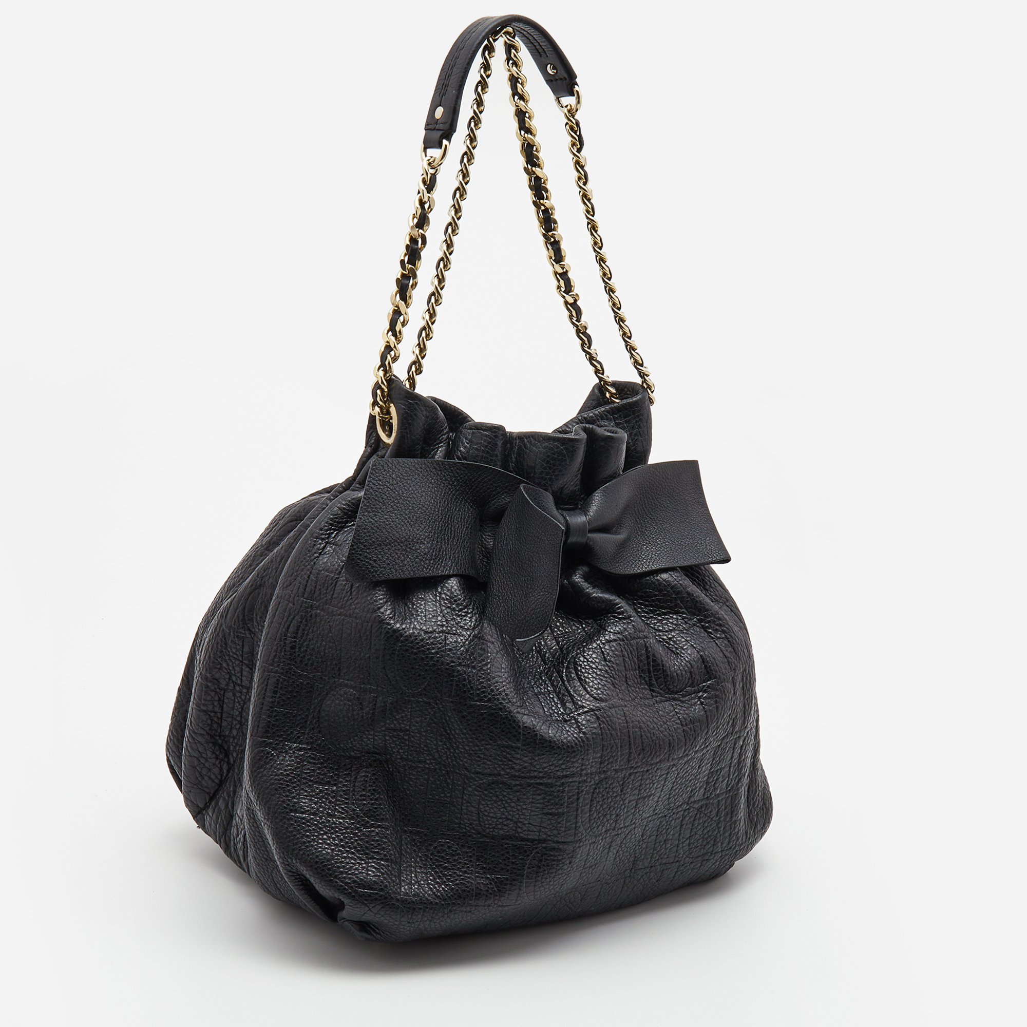 CH Carolina Herrera Black Embossed Leather Bow Bucket Shoulder Bag