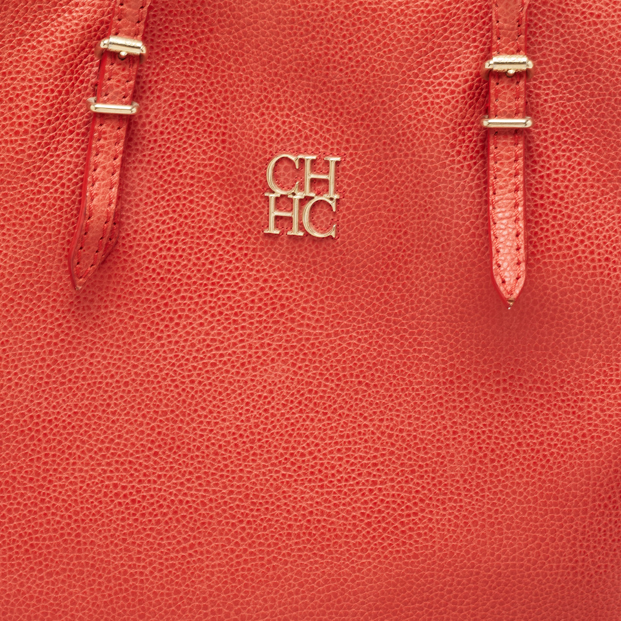 CH Carolina Herrera Red Monogram Leather Horizontal Shopper Tote