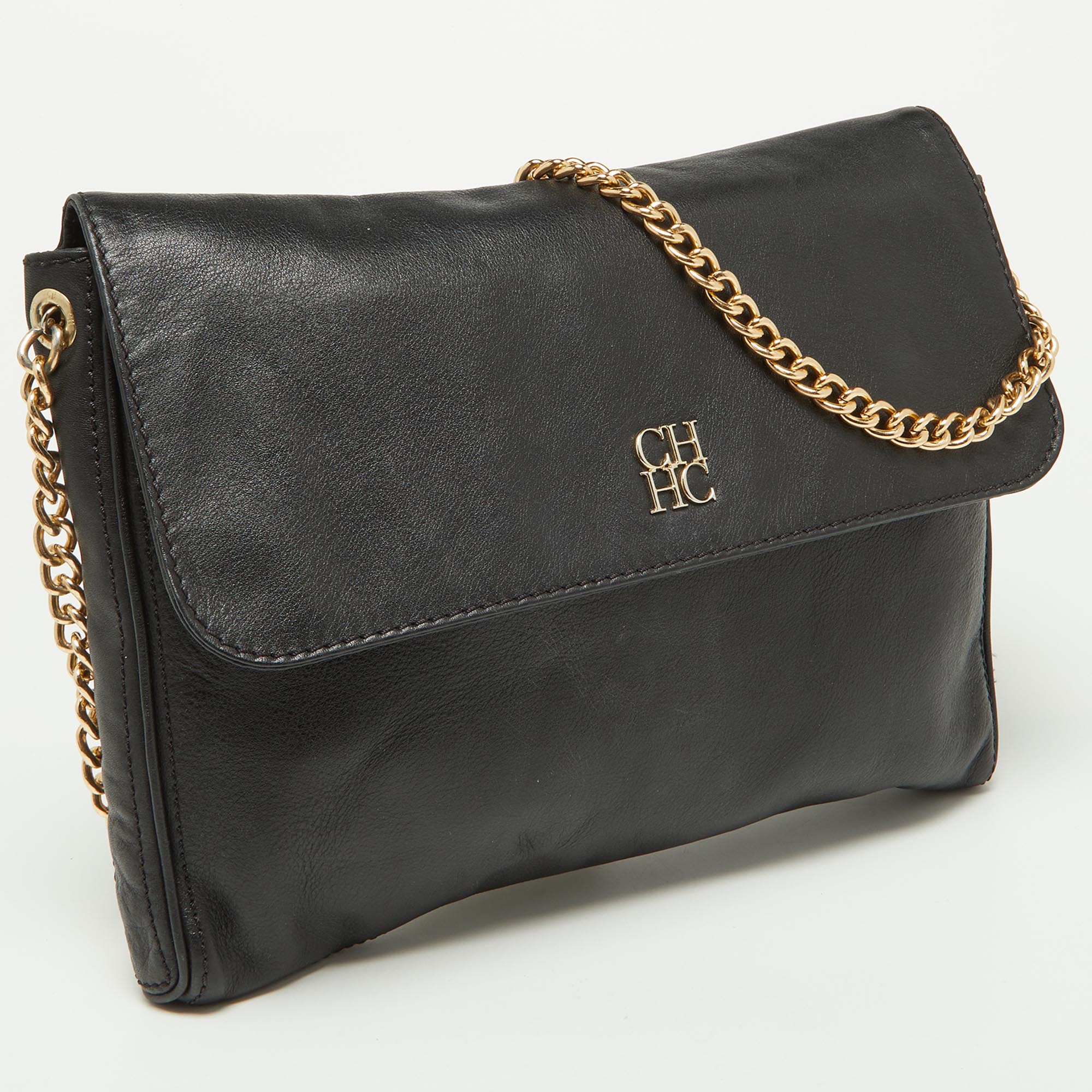 CH Carolina Herrera Black Leather Flap Shoulder Bag