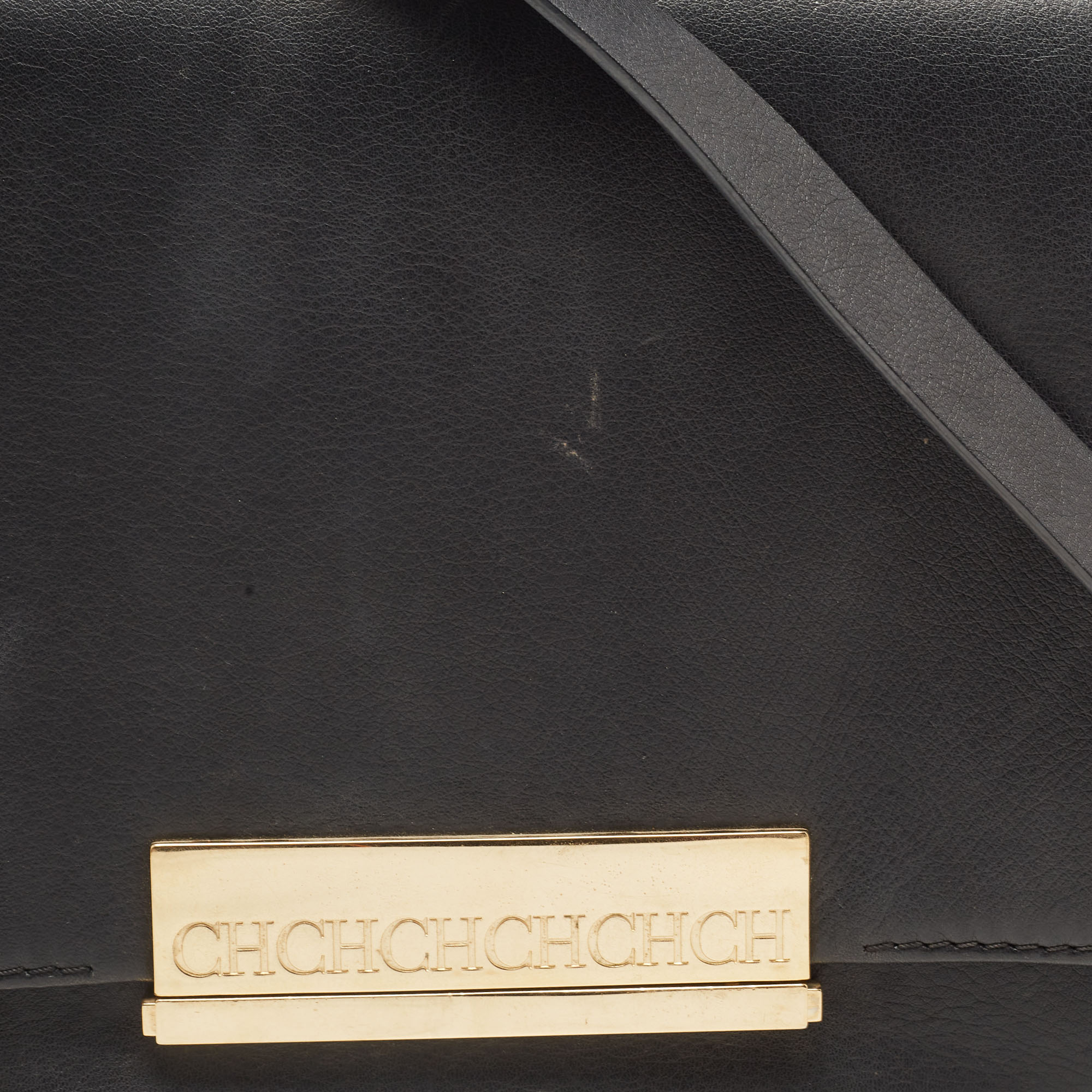 CH Carolina Herrera Black Leather Logo Metal Flap Shoulder Bag