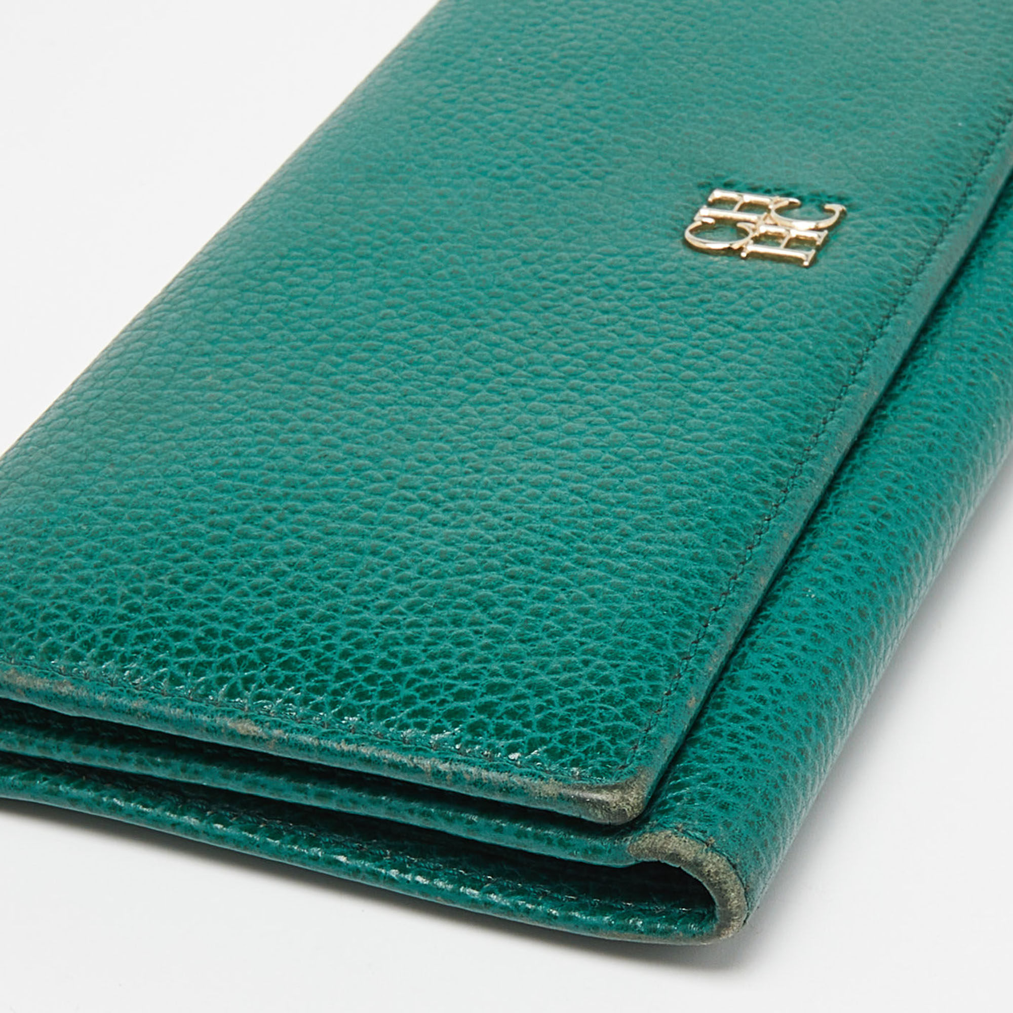 CH Carolina Herrera Green Leather Flap Trifold Continental Wallet