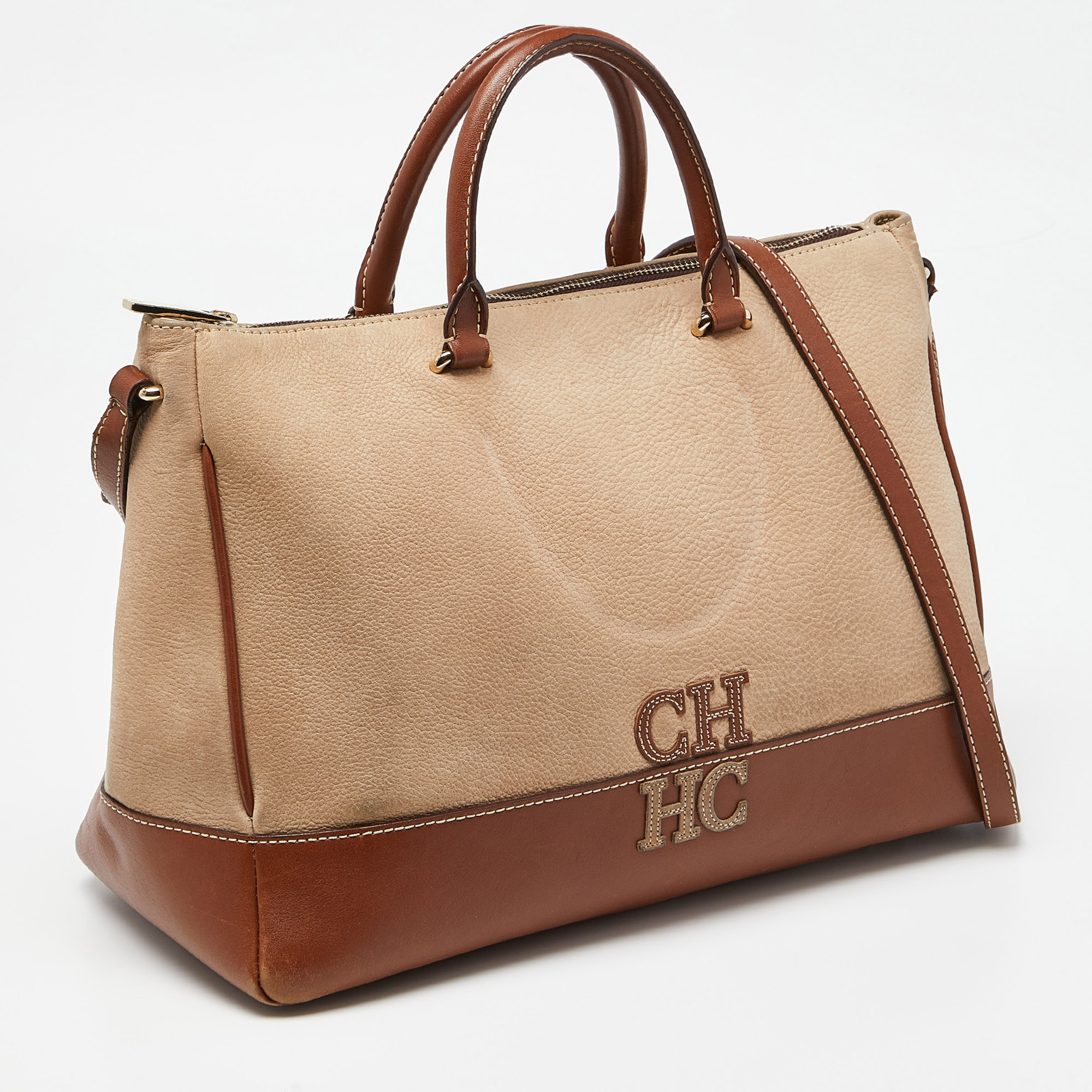 CH Carolina Herrera Beige/Brown Pebbled Leather Satchel