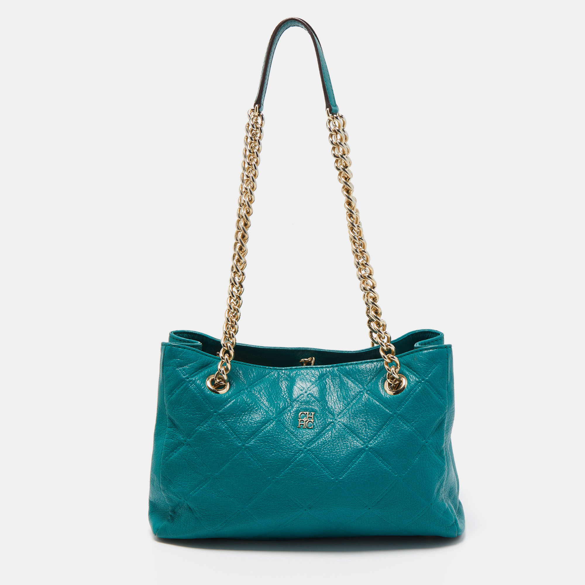 CH Carolina Herrera Green Quilted Embossed Leather Chain Tote