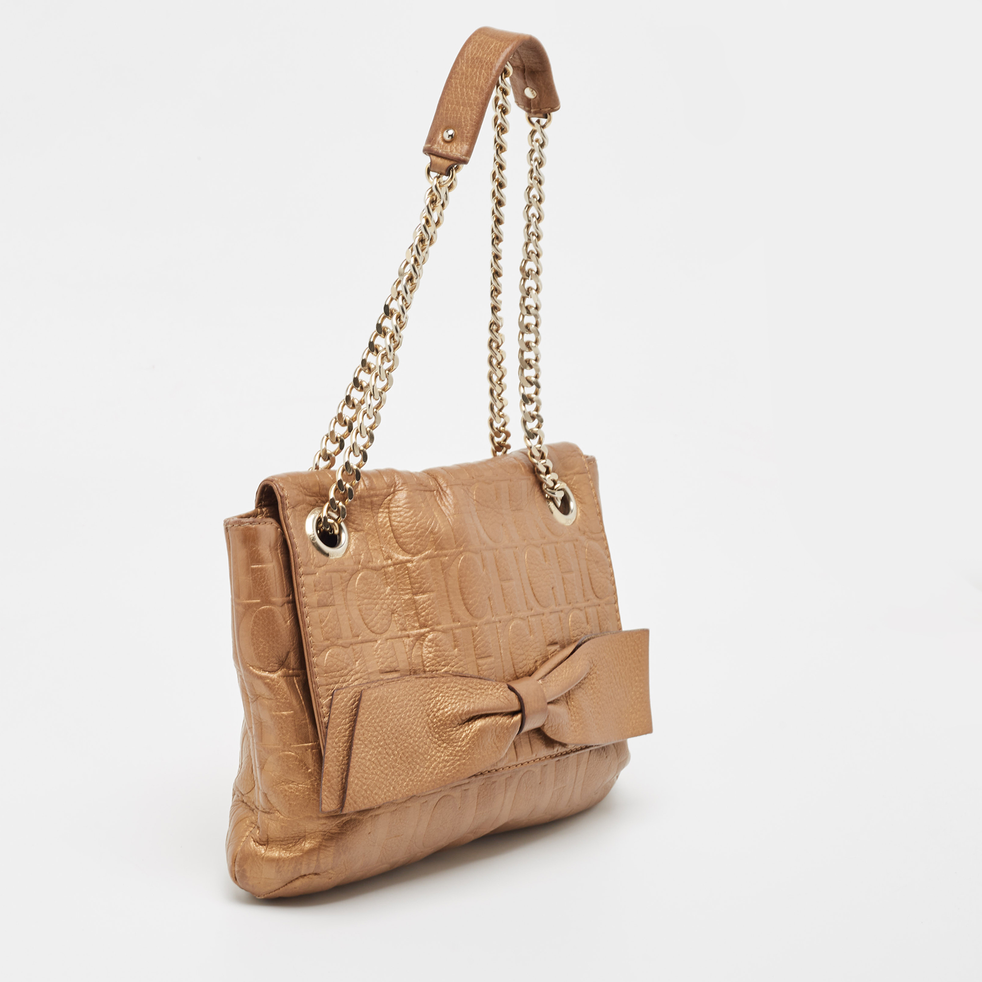 CH Carolina Herrera Bronze Monogram Embossed Leather Audrey Shoulder Bag