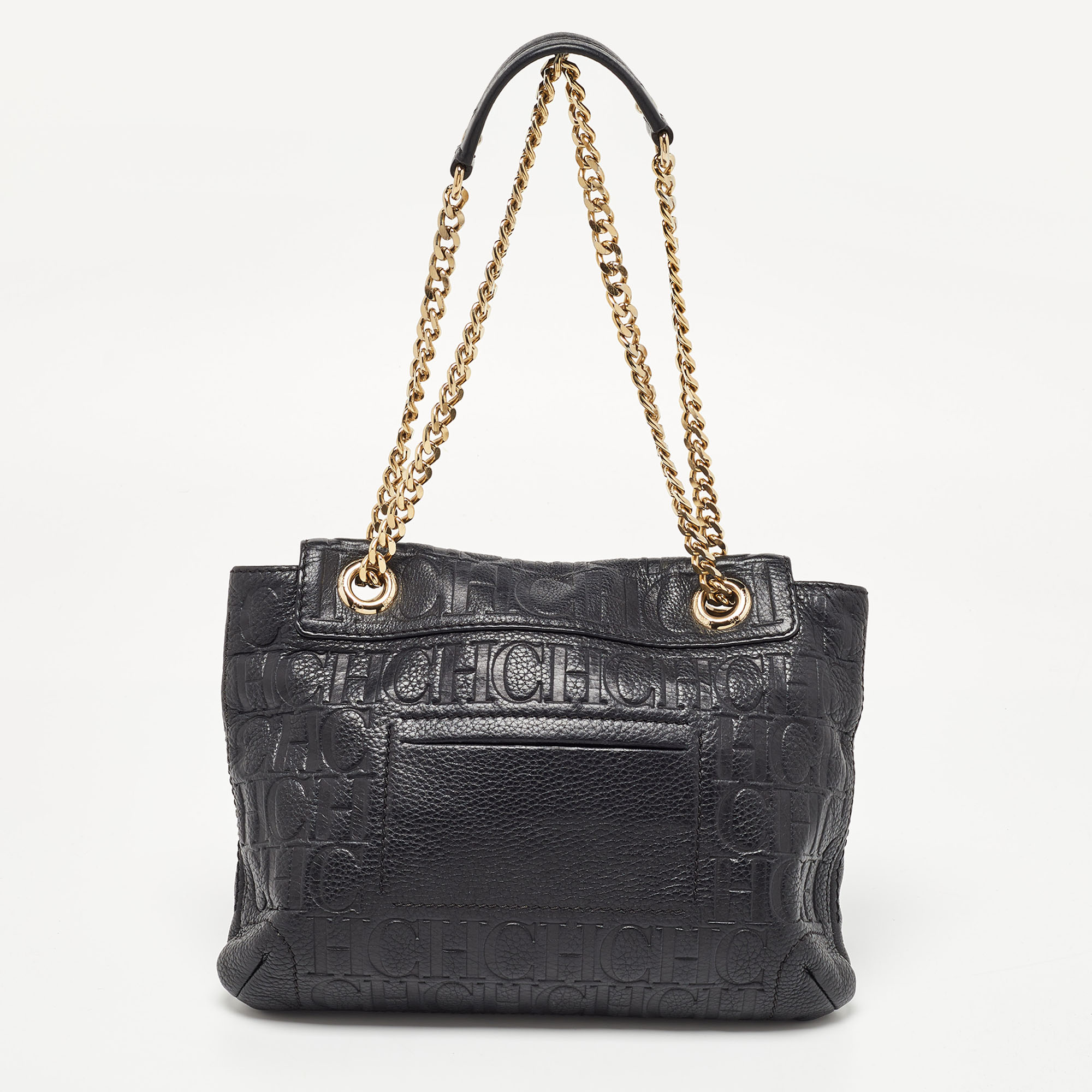 CH Carolina Herrera Black Monogram Embossed Leather Audrey Flap Shoulder Bag