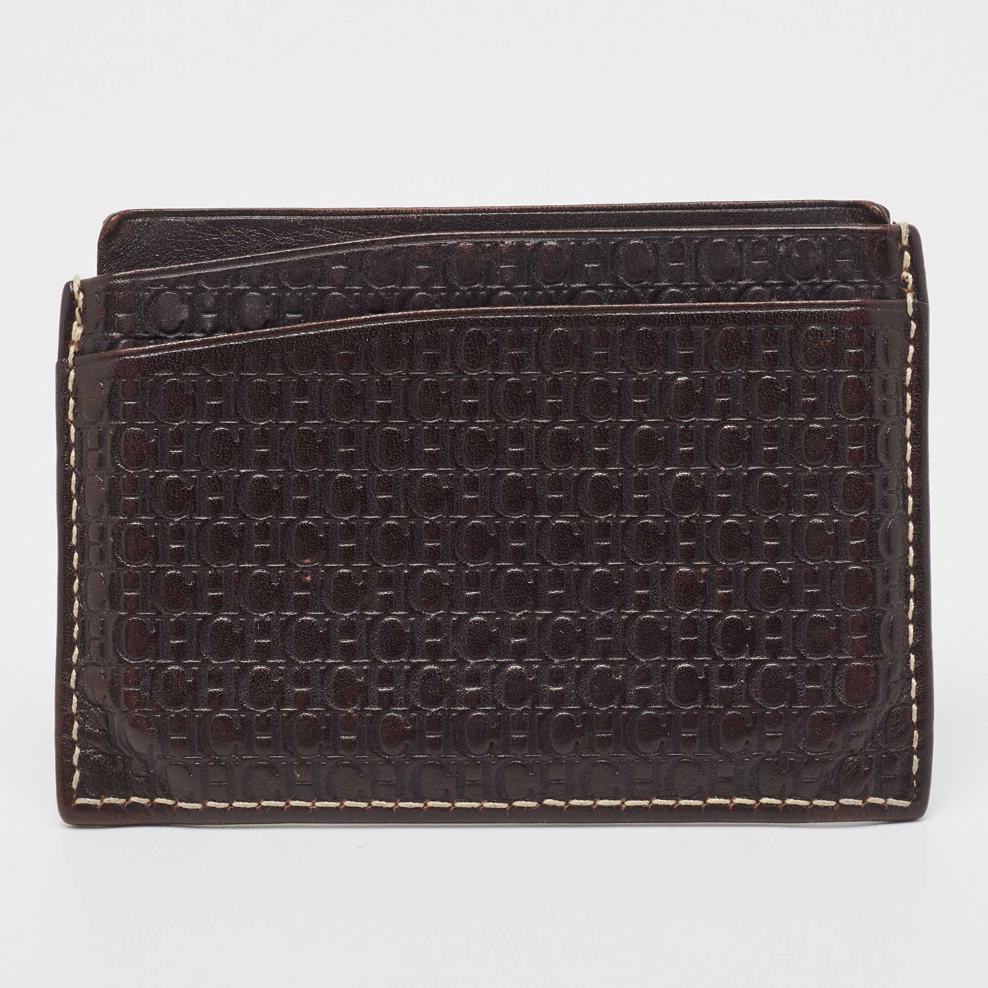 CH Carolina Herrera Dark Brown Monogram Leather Card Holder
