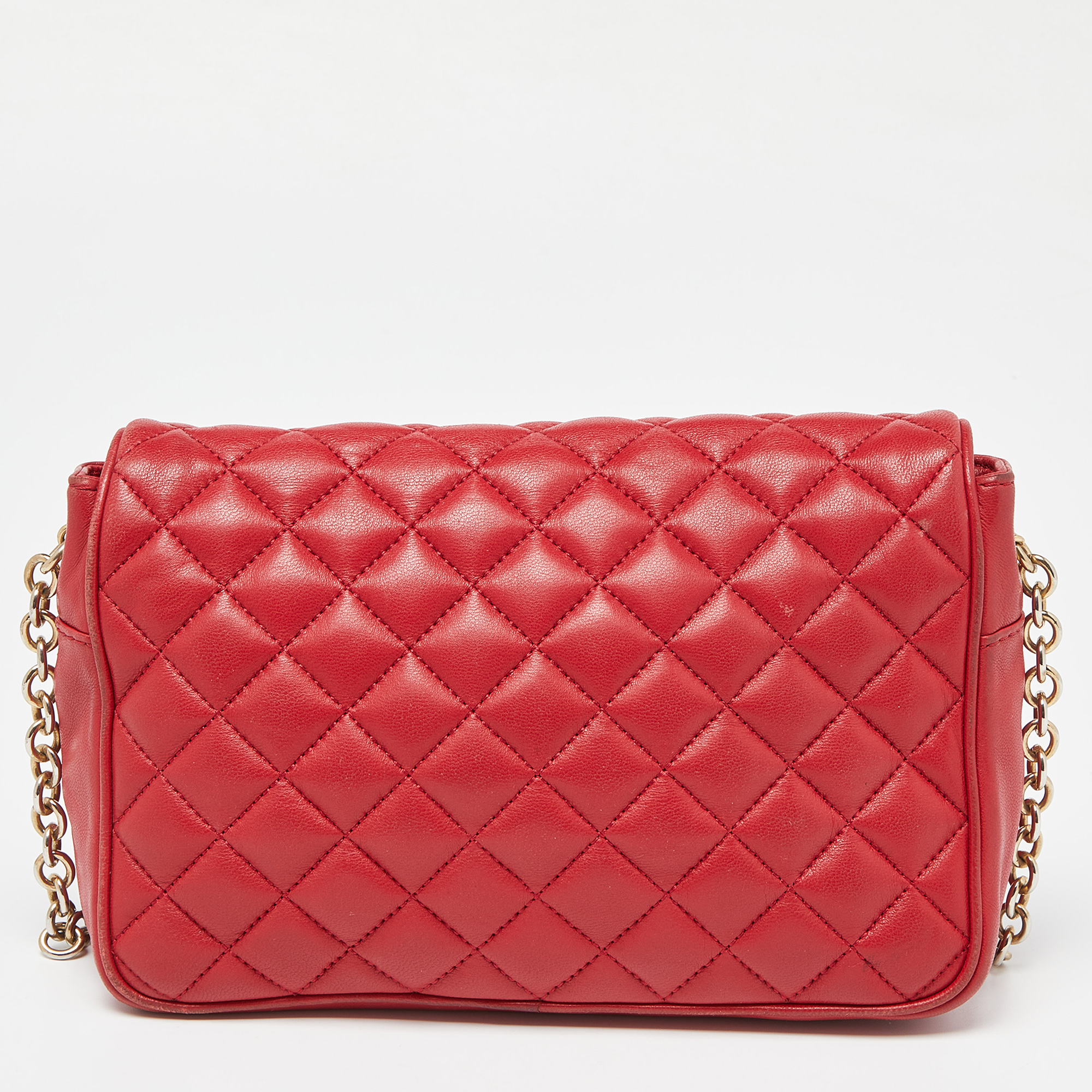 CH Carolina Herrera Red Quilted Leather Chain Flap Shoulder Bag