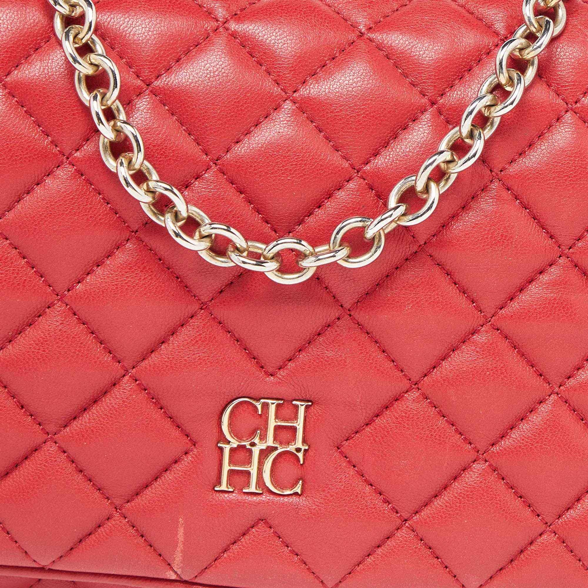 CH Carolina Herrera Red Quilted Leather Chain Flap Shoulder Bag