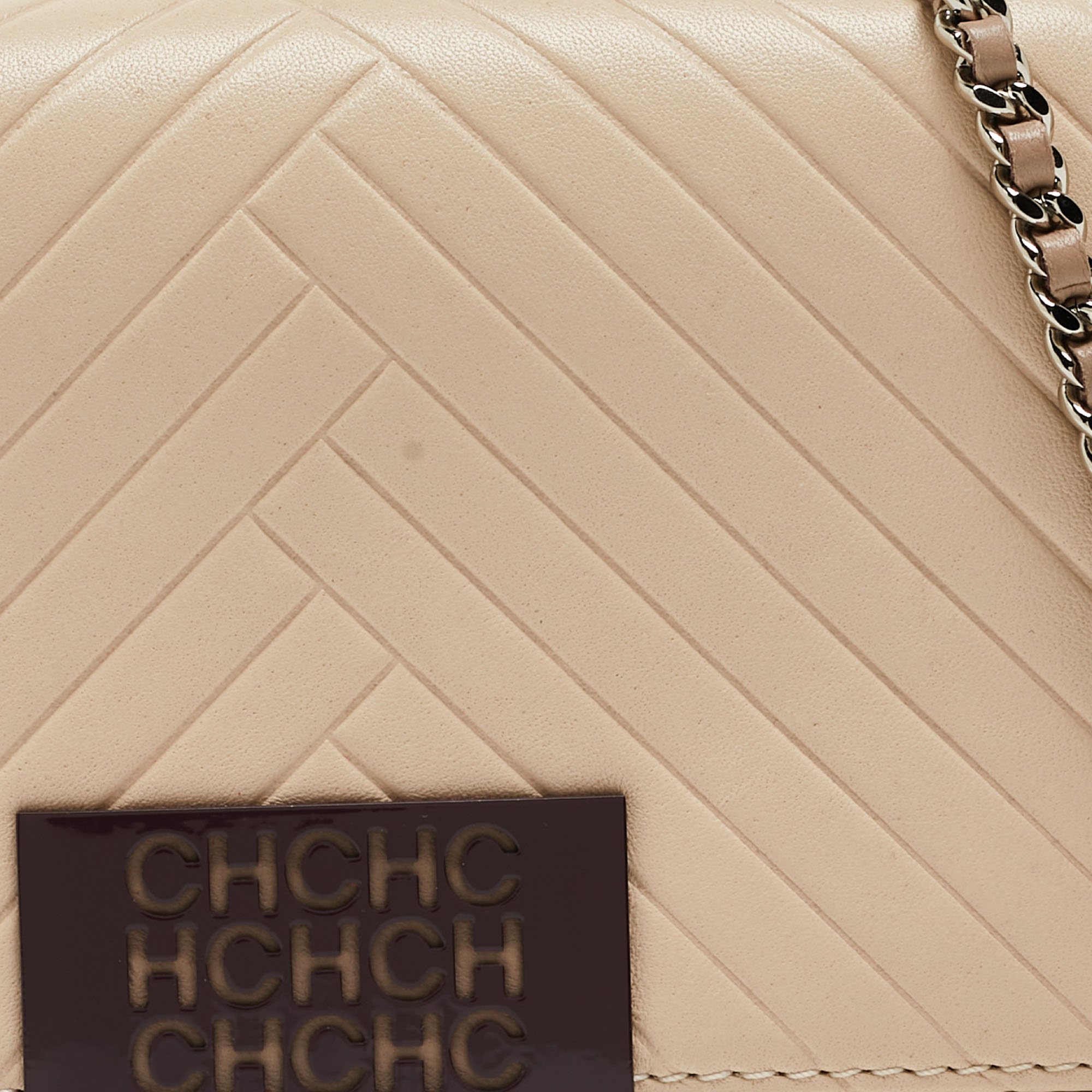CH Carolina Herrera Beige Embossed Leather Chain Flap Shoulder Bag