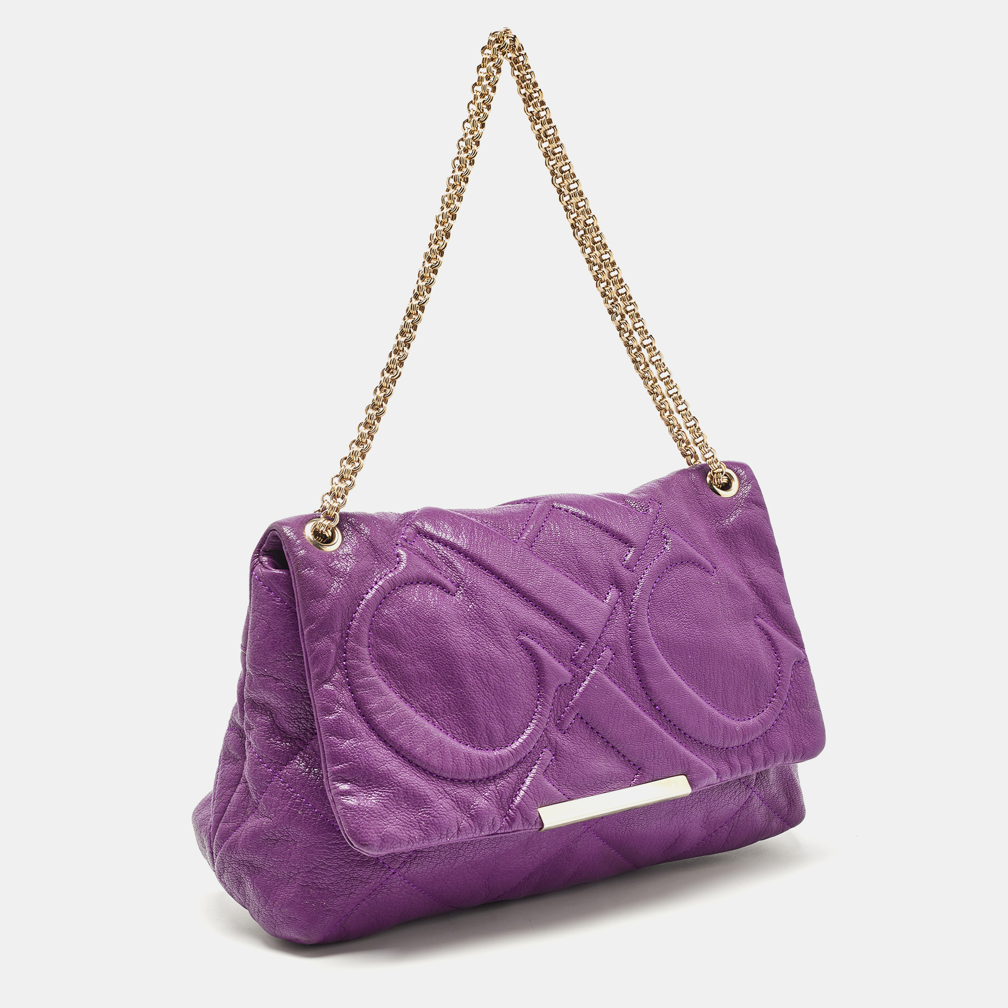 CH Carolina Herrera Purple Embossed Leather Metal Flap Shoulder Bag