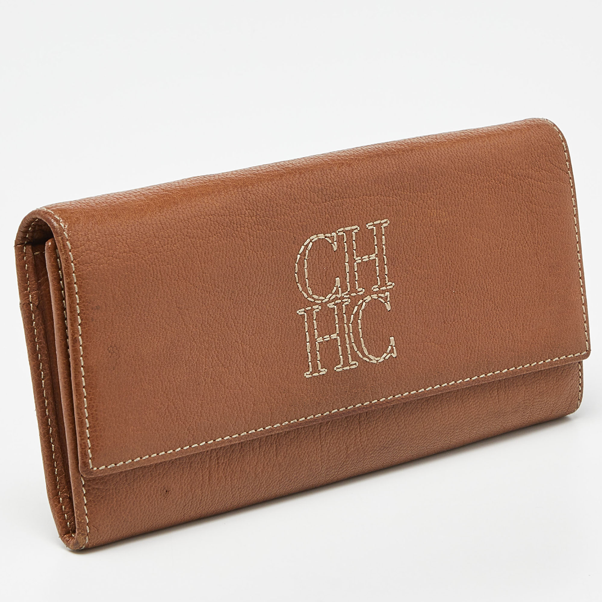 CH Carolina Herrera Brown Leather Monogram Continental Wallet