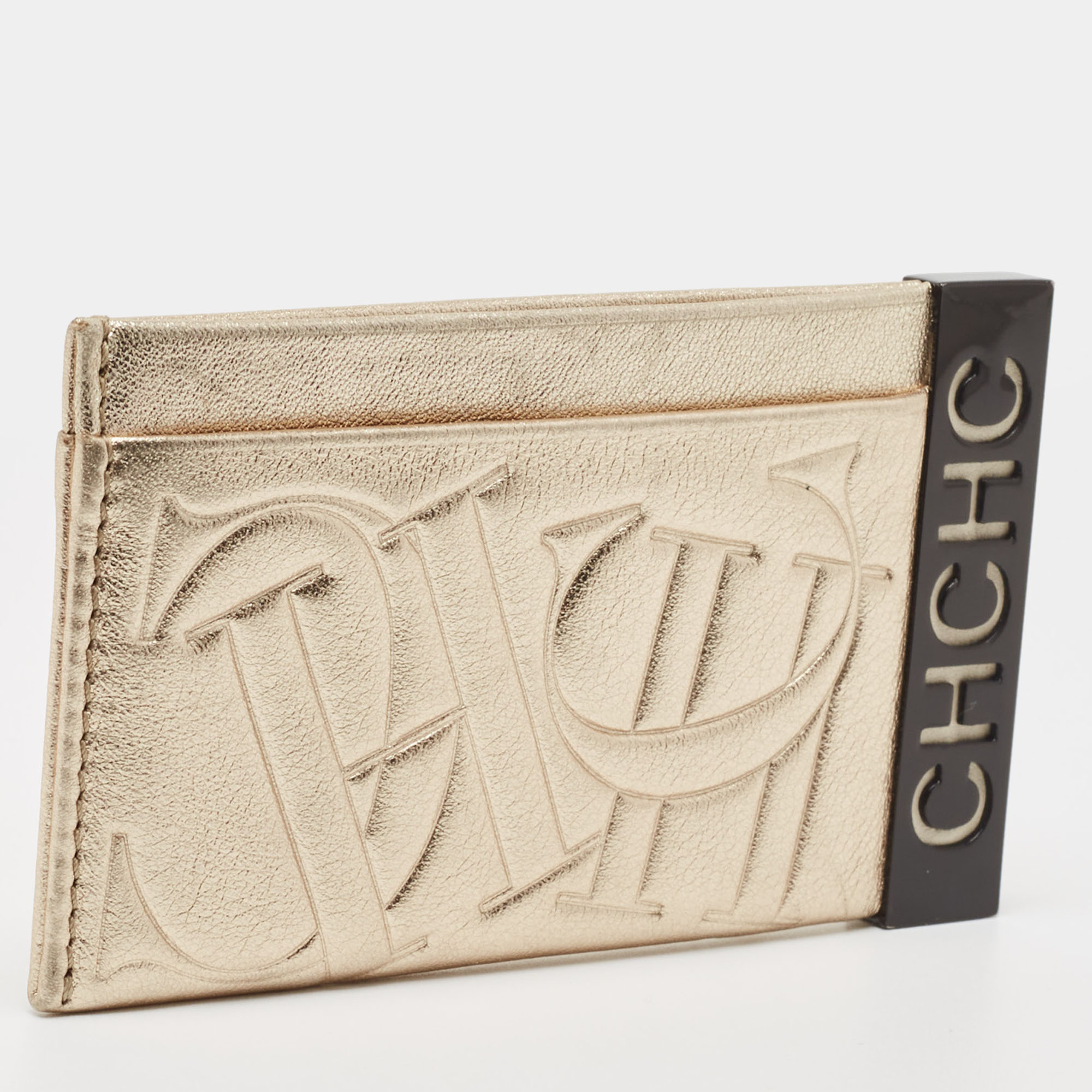 CH Carolina Herrera Metallic Gold Monogram Leather Card Holder