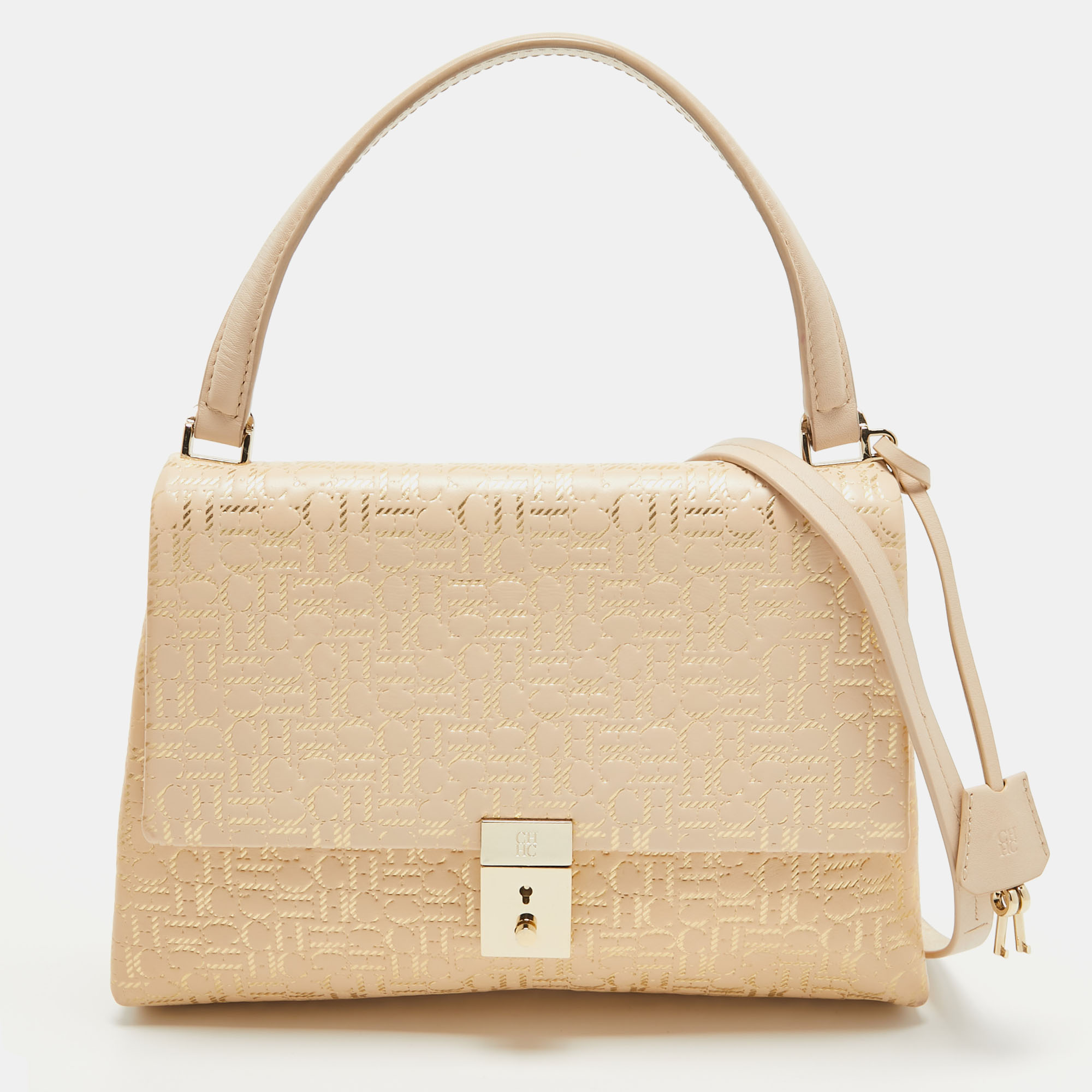 CH Carolina Herrera Light Beige/Gold Embossed Leather Top Handle Bag