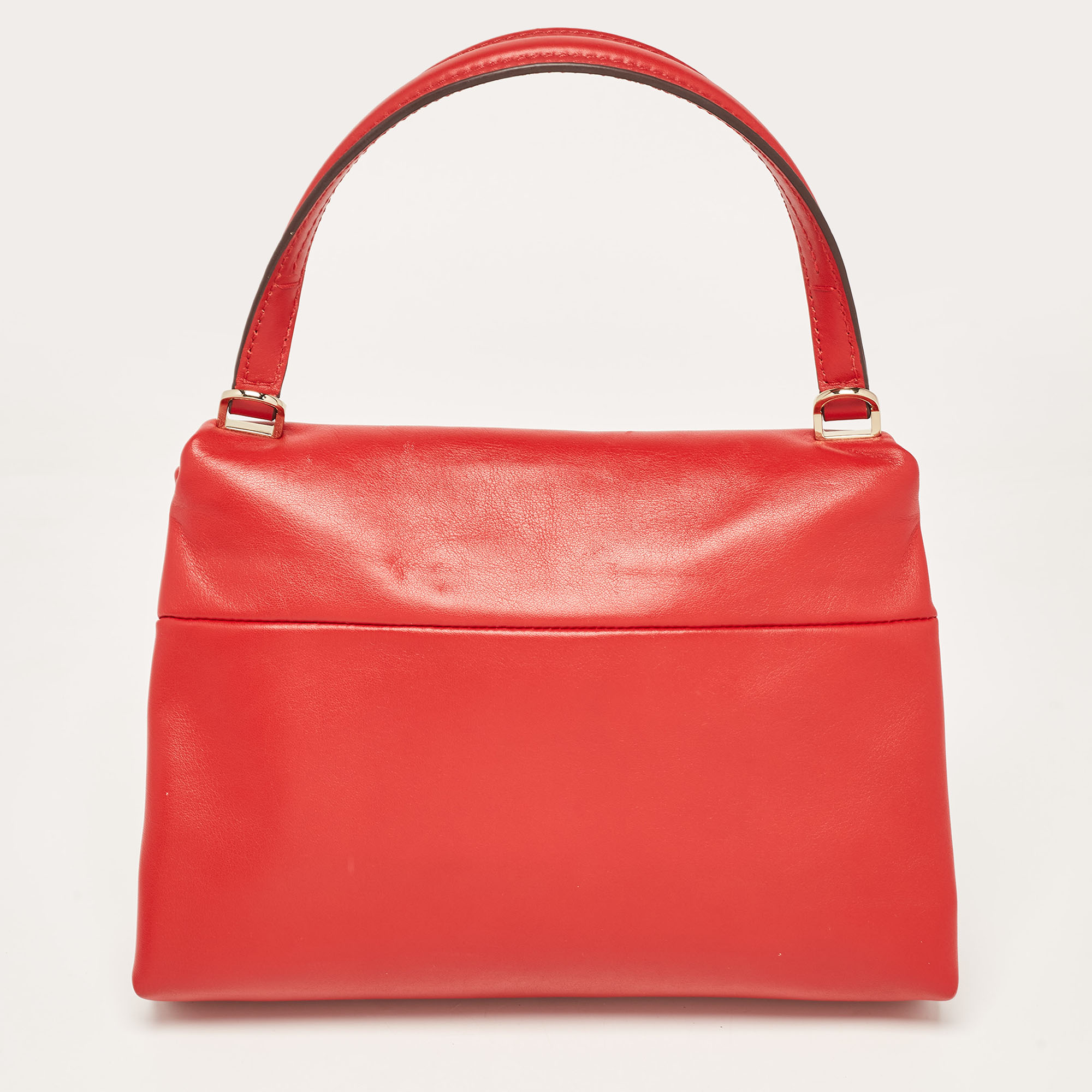 CH Carolina Herrera Red Leather Metal Bar Flap Top Handle Bag