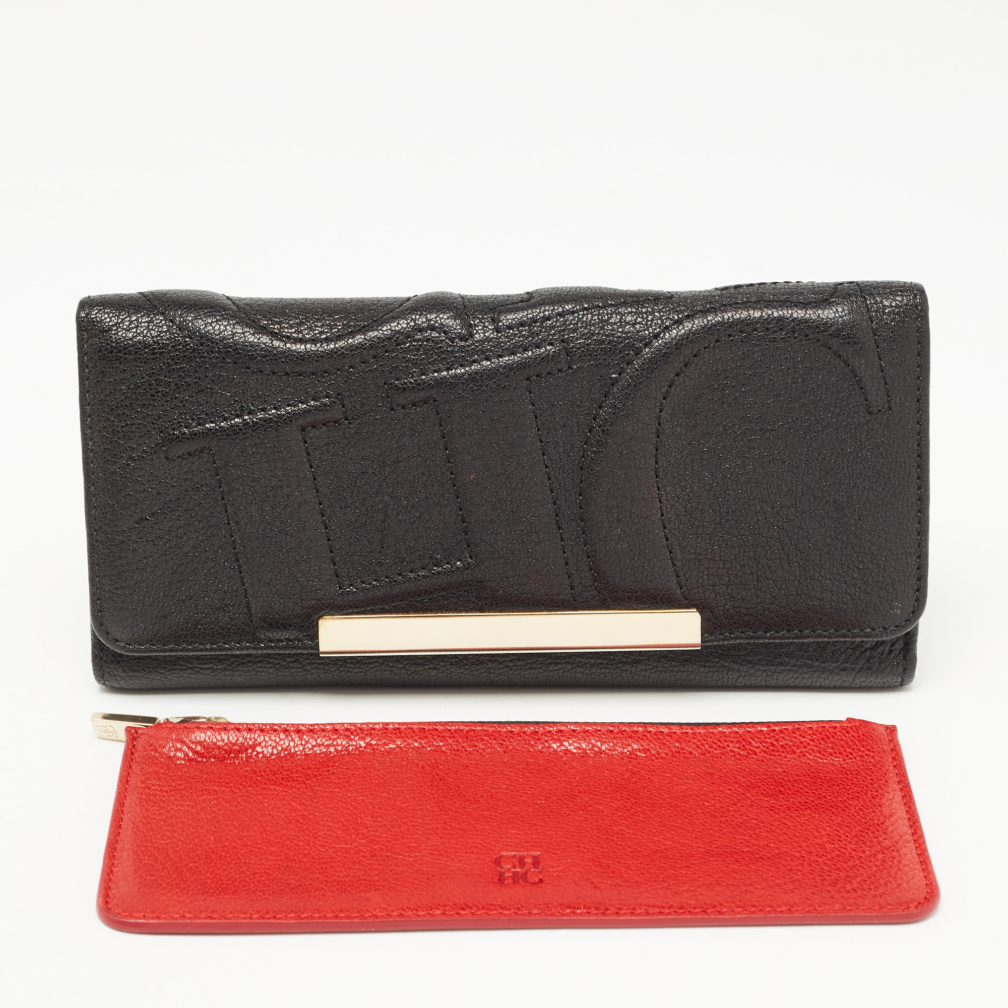 CH Carolina Herrera Black Leather Flap Trifold Continental Wallet