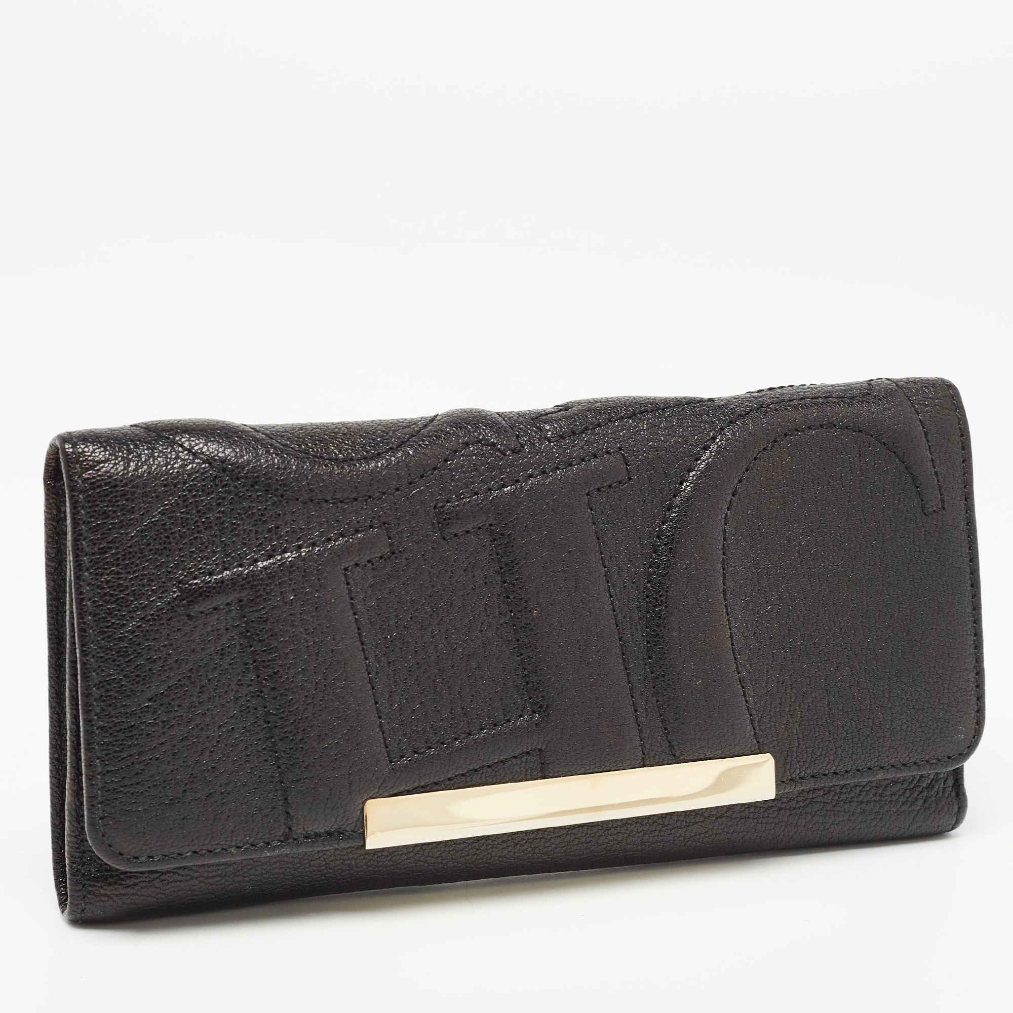 CH Carolina Herrera Black Leather Flap Trifold Continental Wallet