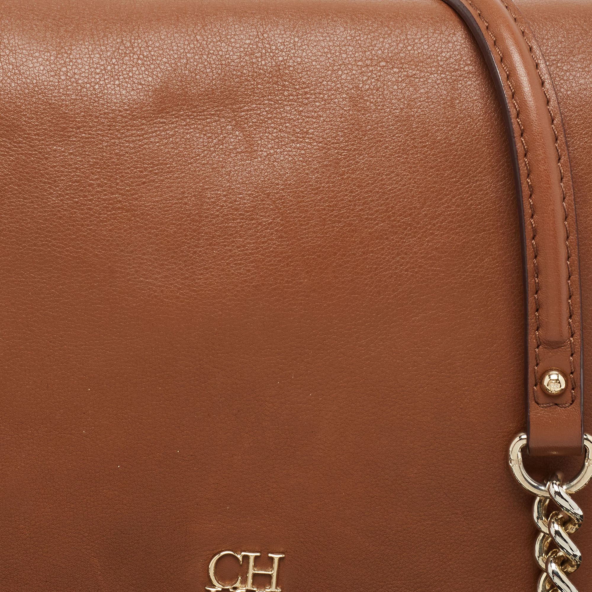 CH Carolina Herrera Brown Monogram Leather Flap Shoulder Bag