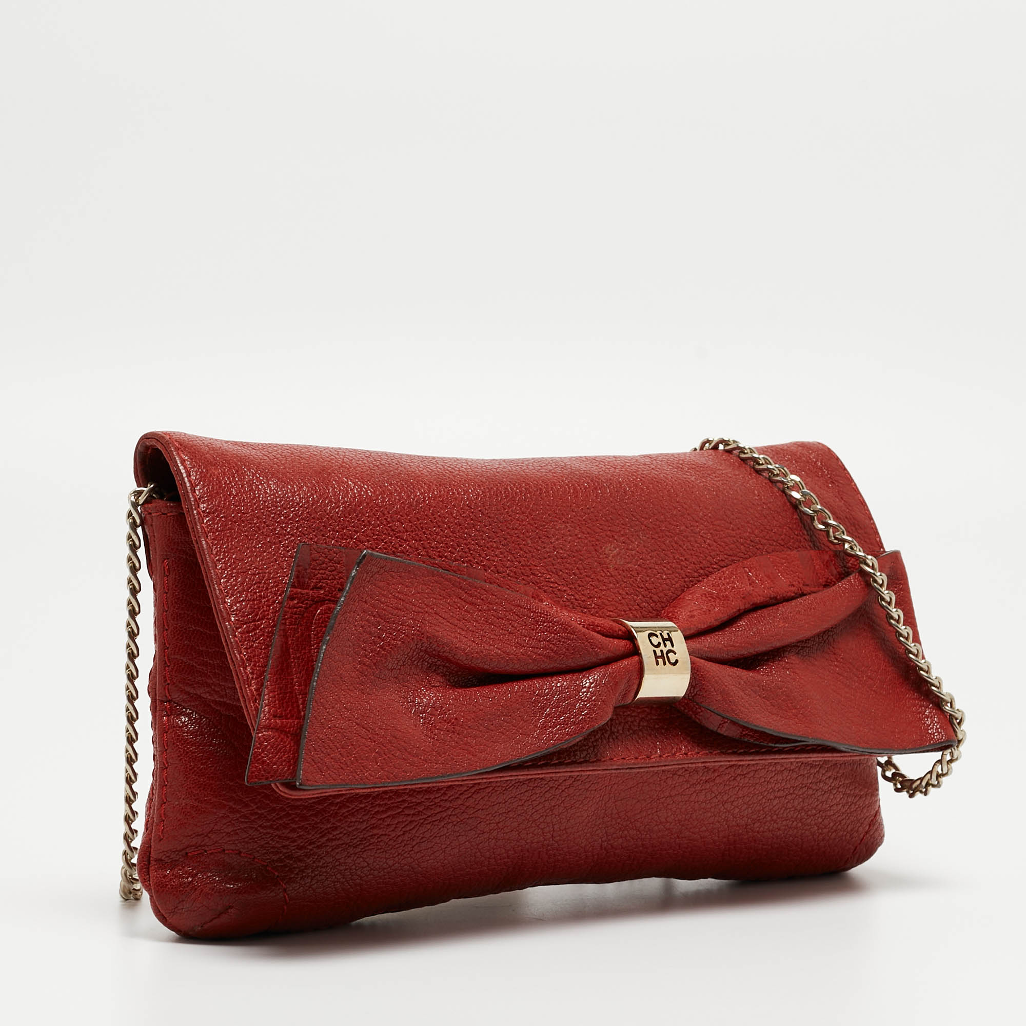 CH Carolina Herrera Red Monogram Leather Bow Chain Clutch