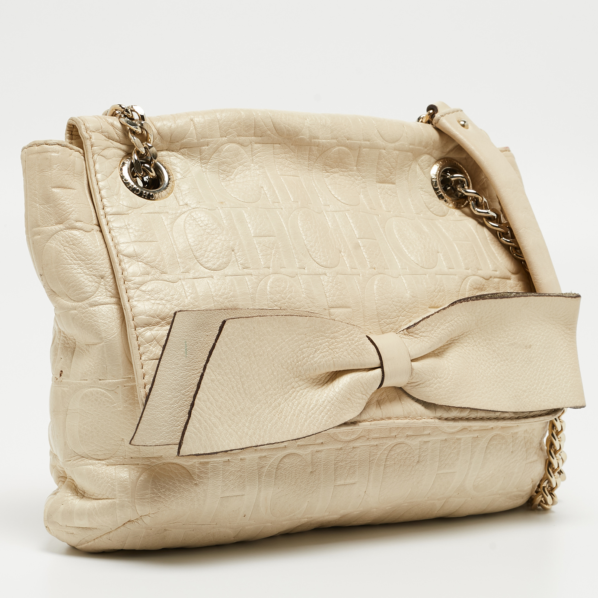 CH Carolina Herrera Beige Monogram Embossed Leather Audrey Shoulder Bag