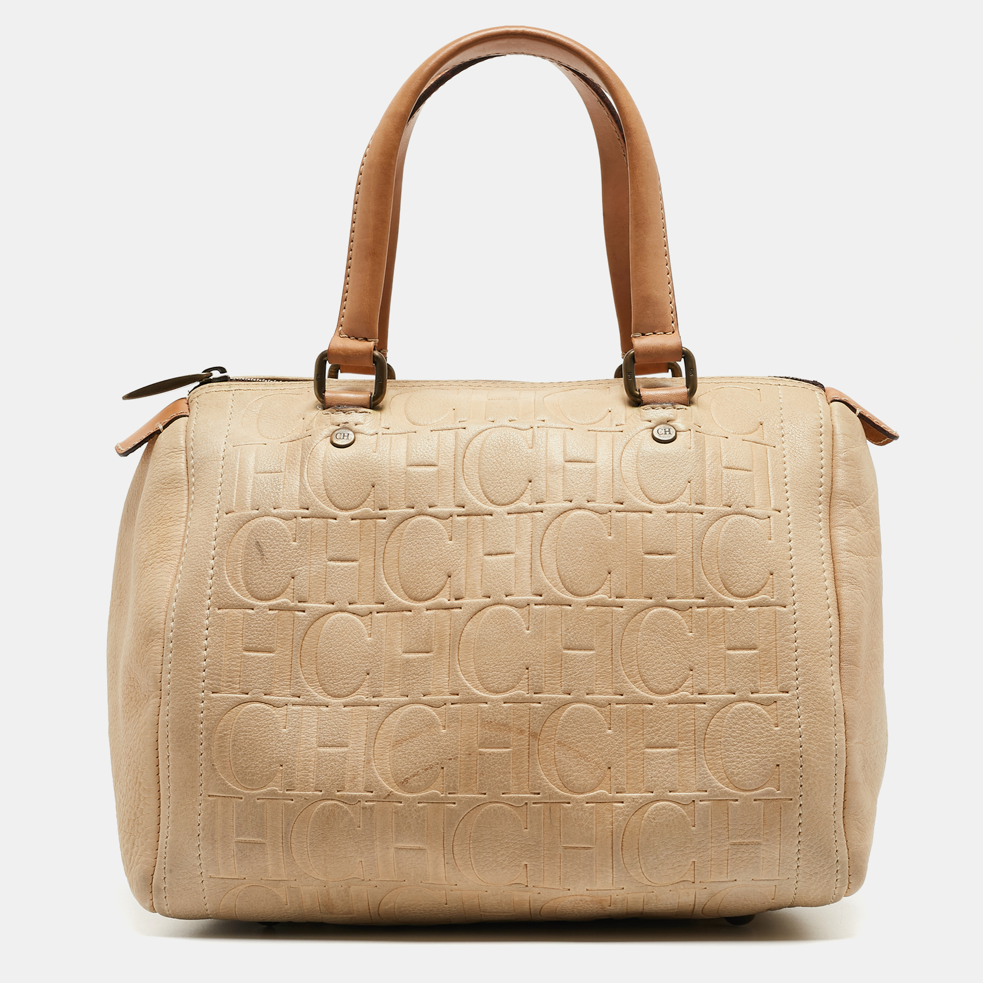 CH Carolina Herrera Beige Monogram Embossed Leather Andy Boston Bag