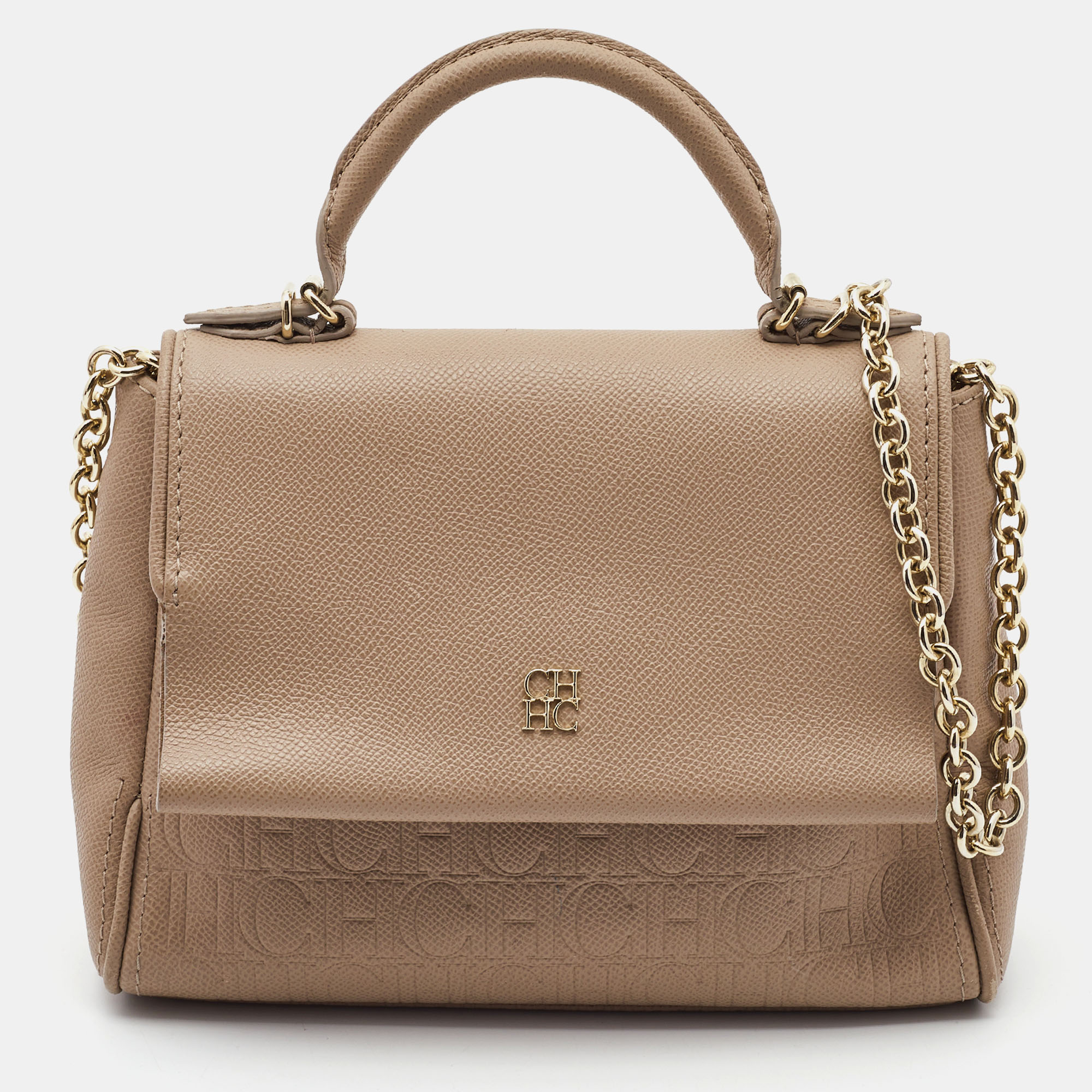 CH Carolina Herrera Beige Leather Small Minuetto Flap Top Handle Bag