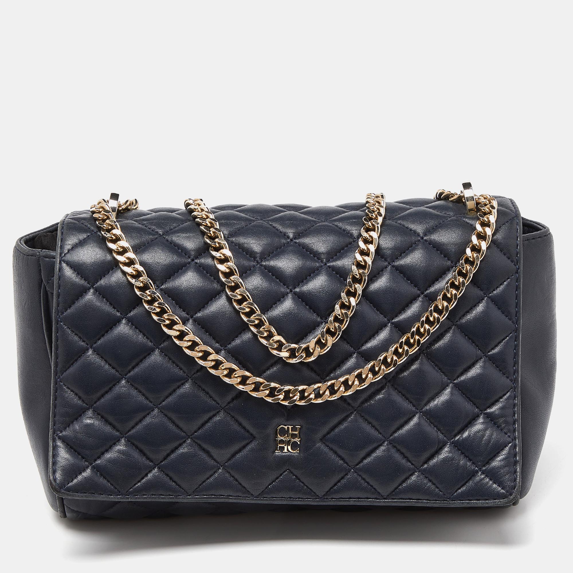Ch carolina herrera blue quilted leather flap chain shoulder bag