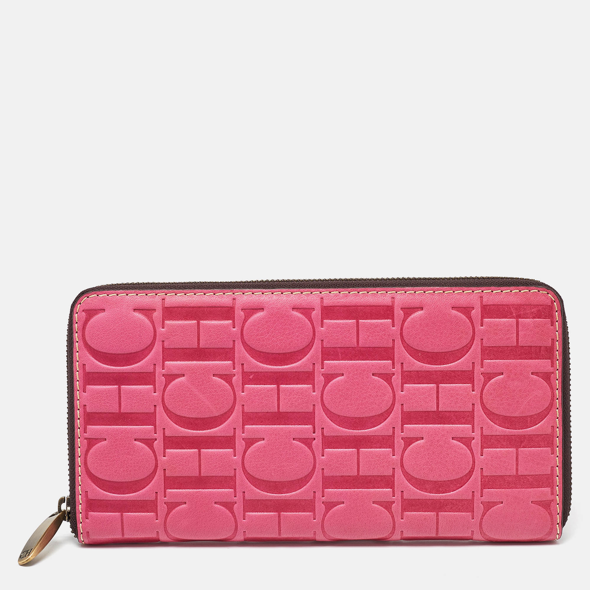 Ch carolina herrera pink embossed leather oversize wallet