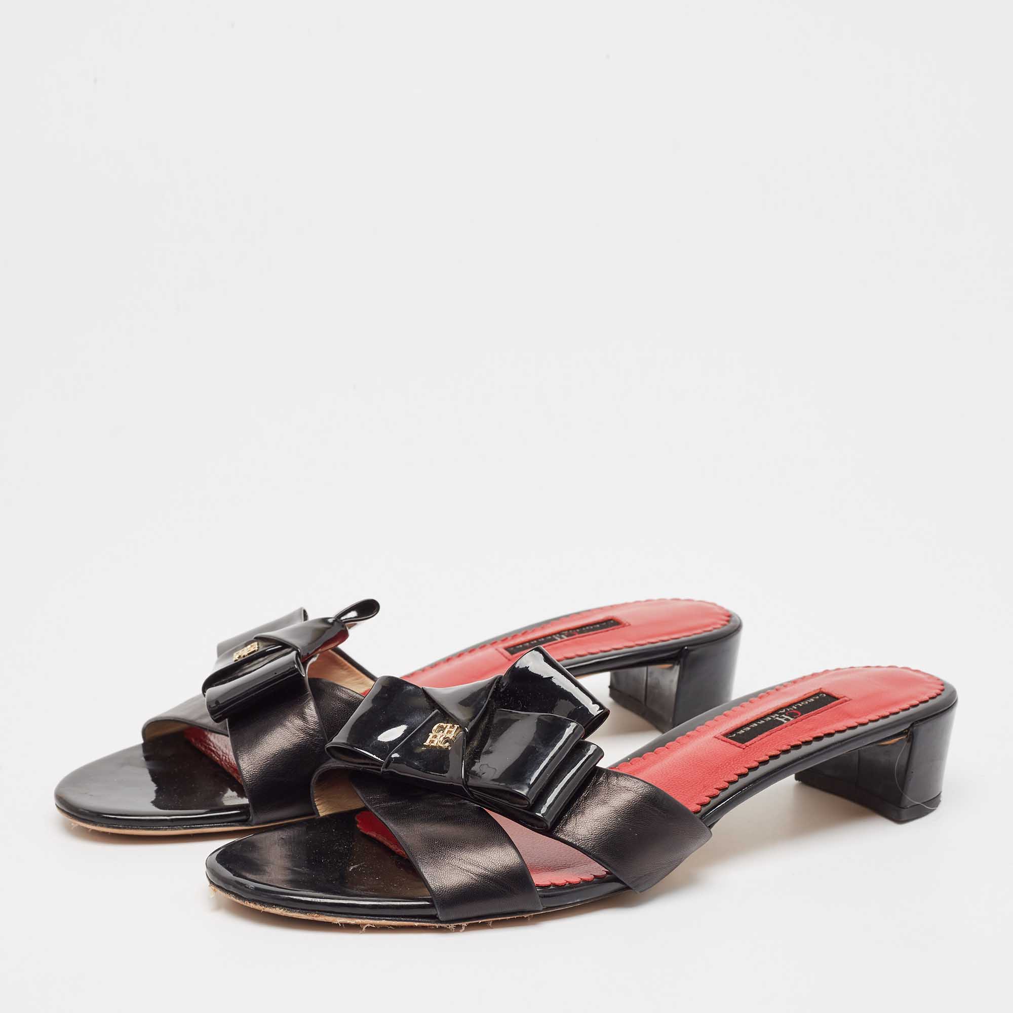 CH Carolina Herrera Black Leather Crisscross Slide Sandals Size 40