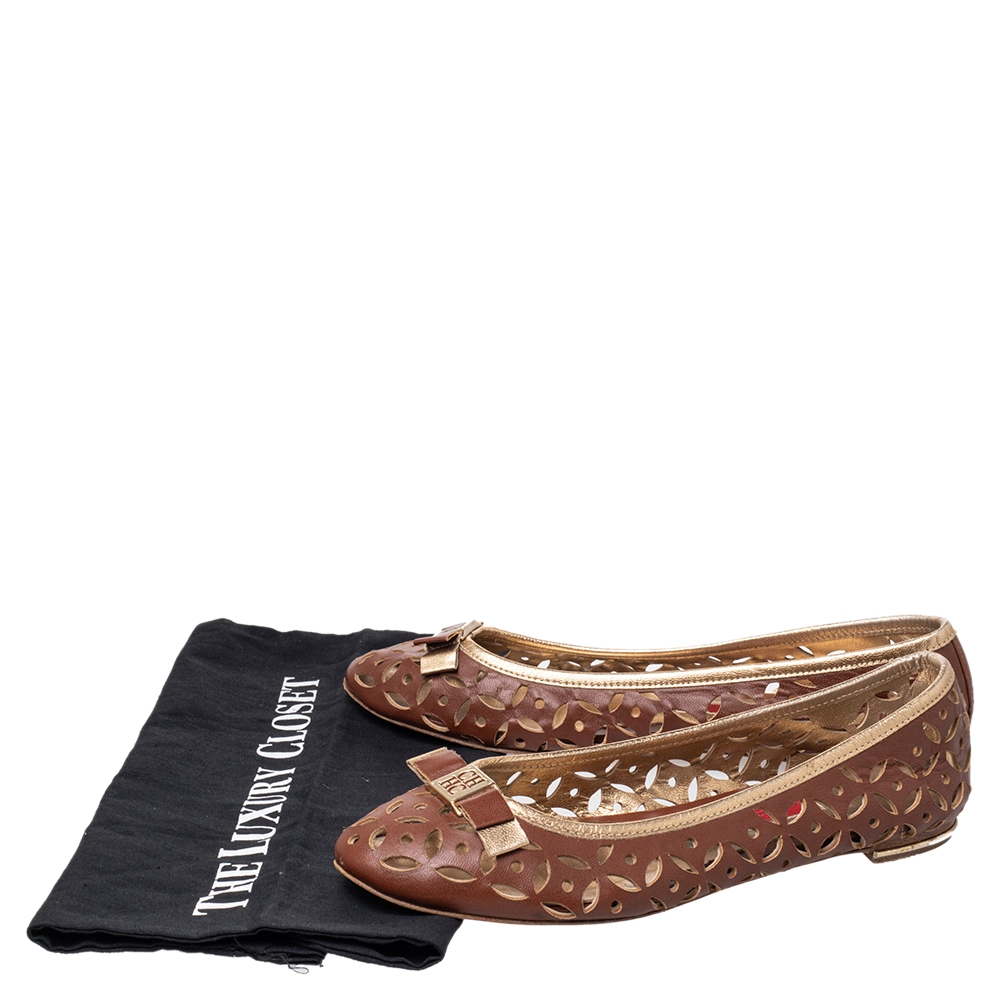 CH Carolina Herrera Brown Floral Cut Out Leather Bow Ballet Flats Size 38