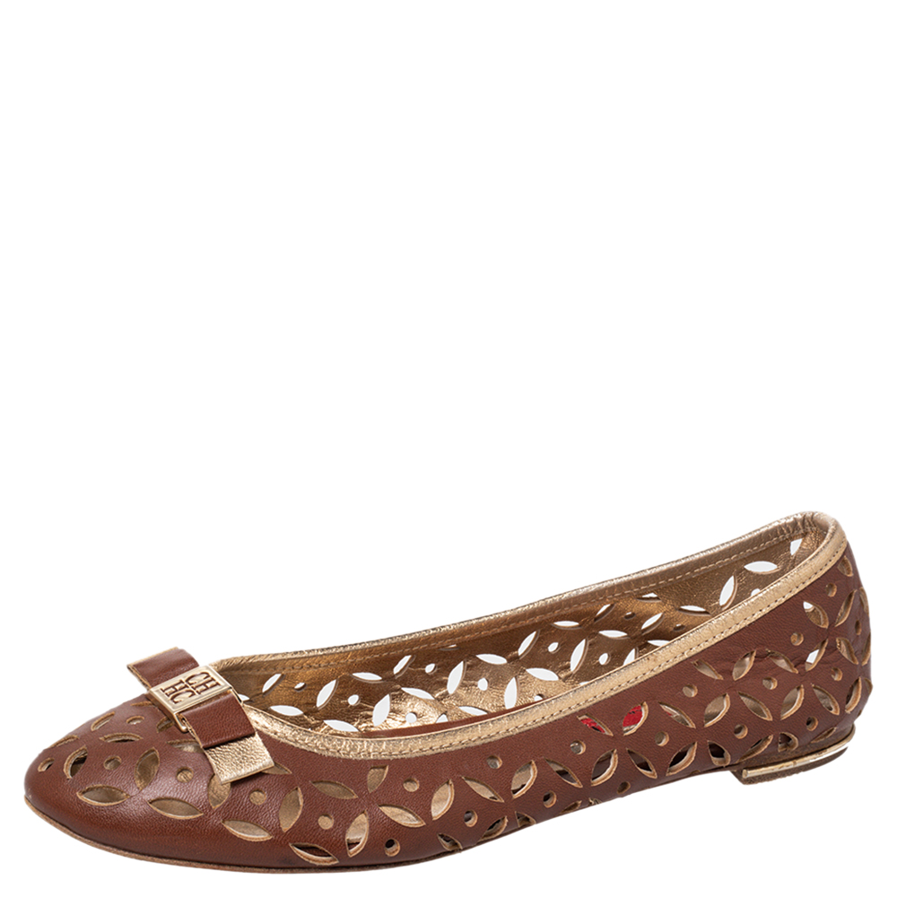 

CH Carolina Herrera Brown Floral Cut Out Leather Bow Ballet Flats Size