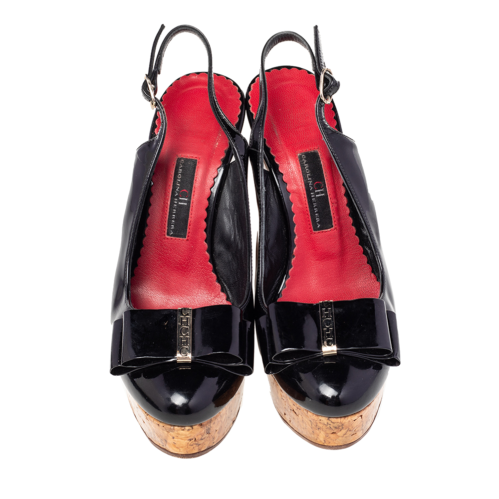 CH Carolina Herrera Black Leather Bow Wedge Sandals Size 37
