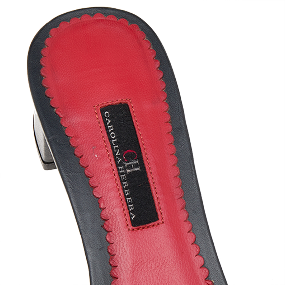 CH Carolina Herrera Monogram Embossed Leather Traveller Locked Slide Sandals Size 37