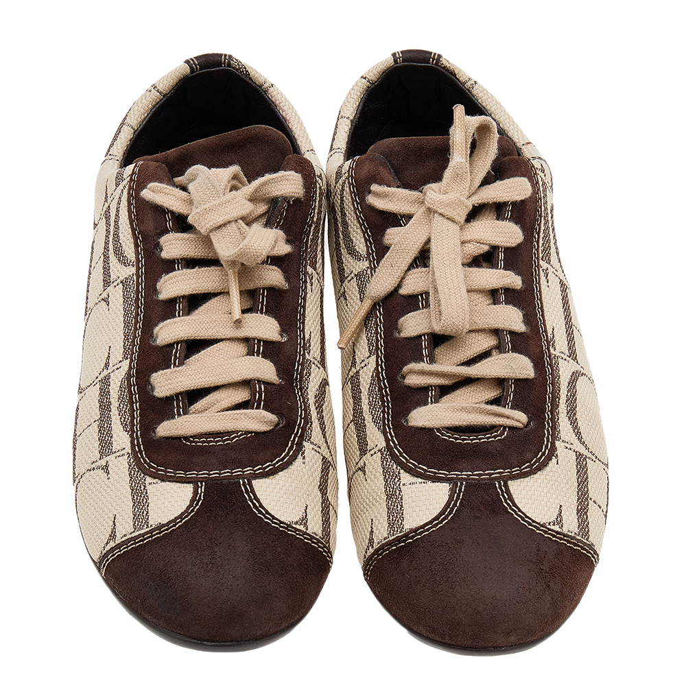 CH Carolina Herrera Brown/Beige Suede And Monogram Canvas Low Top Sneakers Size 38