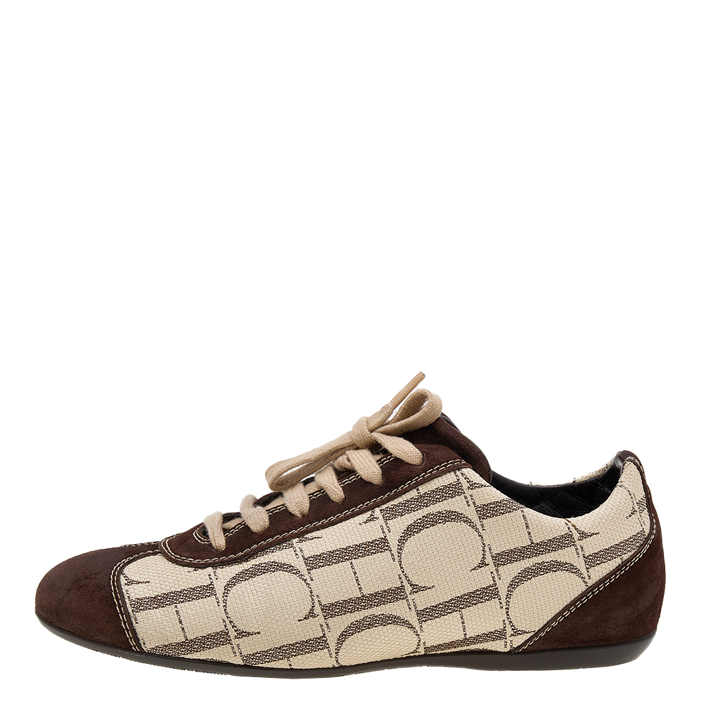 CH Carolina Herrera Brown/Beige Suede And Monogram Canvas Low Top Sneakers Size 38