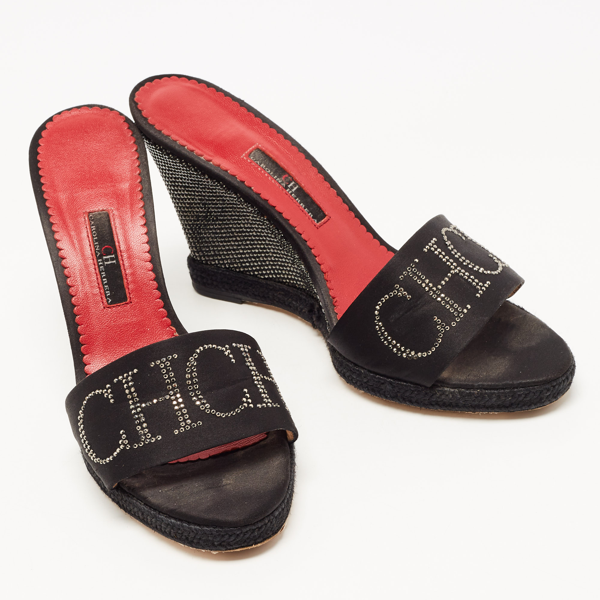 CH Carolina Herrera Black Satin Studded Wedge Sandals Size 38