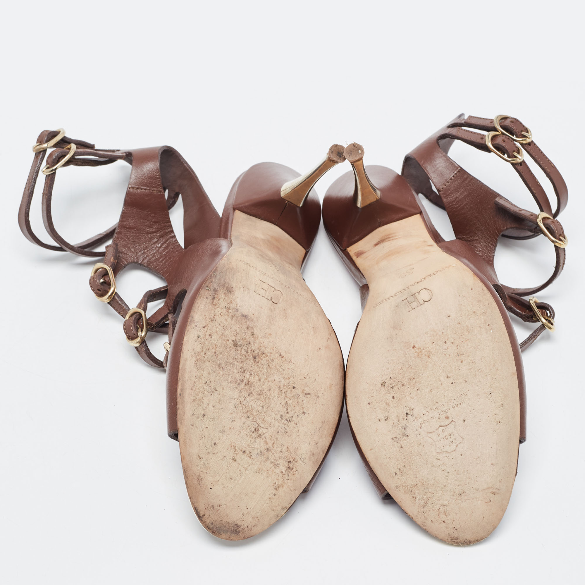 CH Carolina Herrera Brown Leather Strappy Sandals Size 39