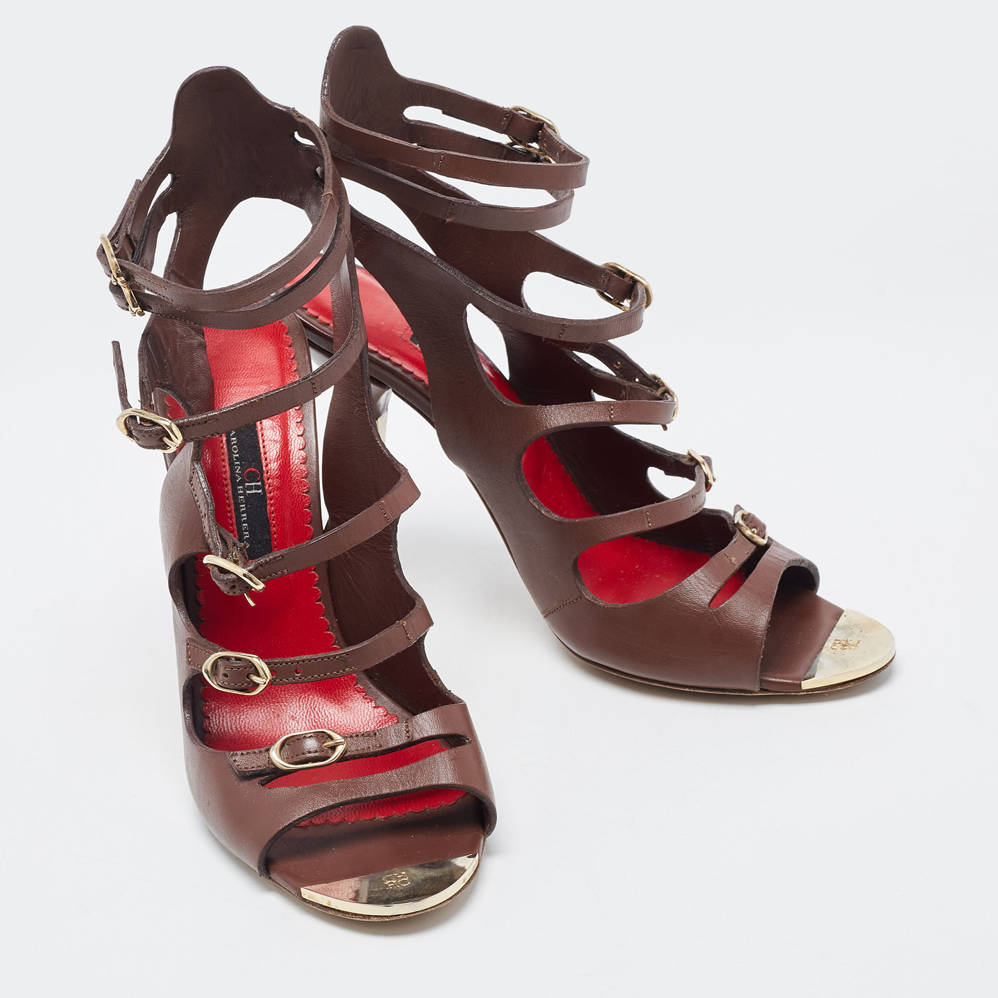 CH Carolina Herrera Brown Leather Strappy Sandals Size 39