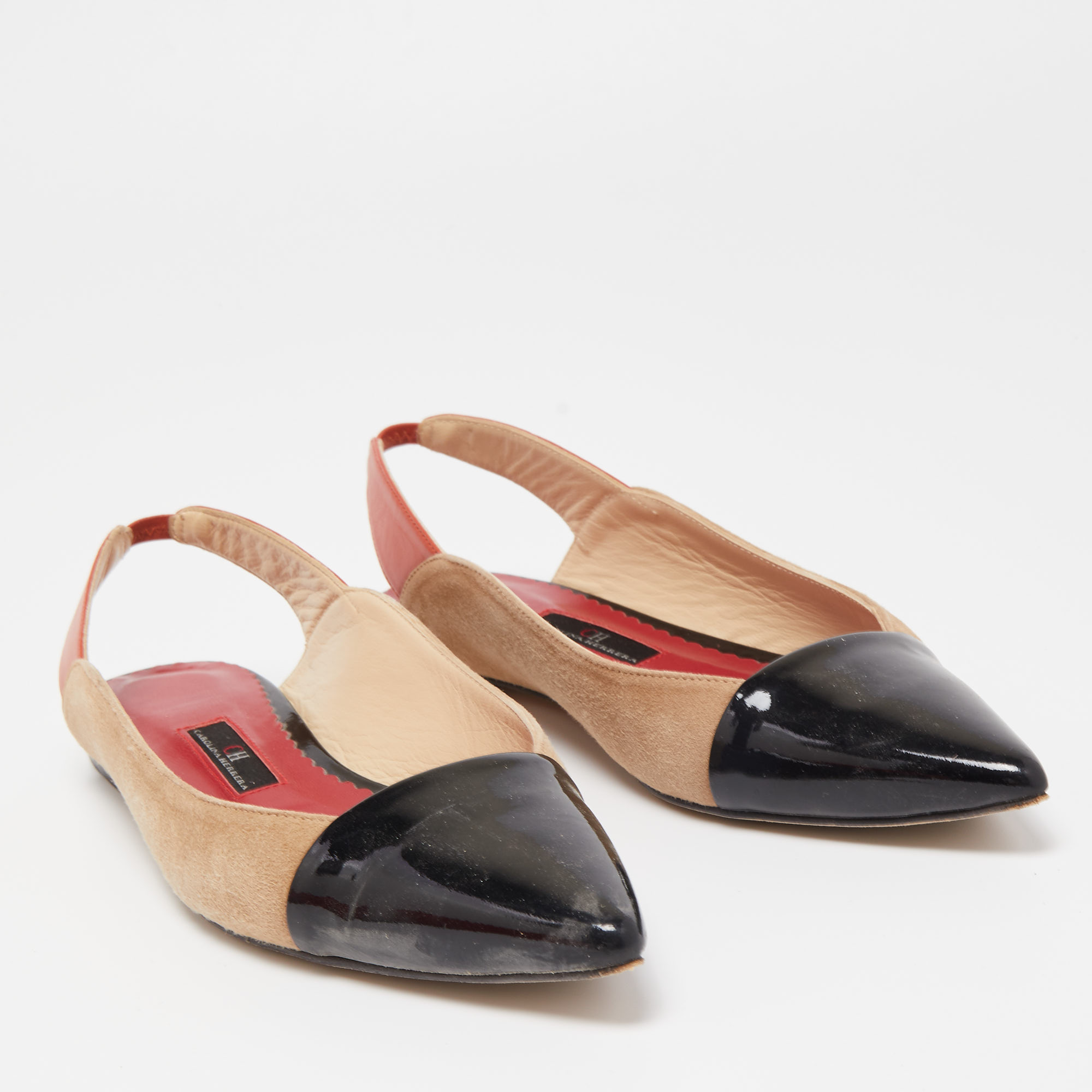 Carolina Herrera Multicolor Suede And Leather Pointed Toe Slingback Flats Size 37