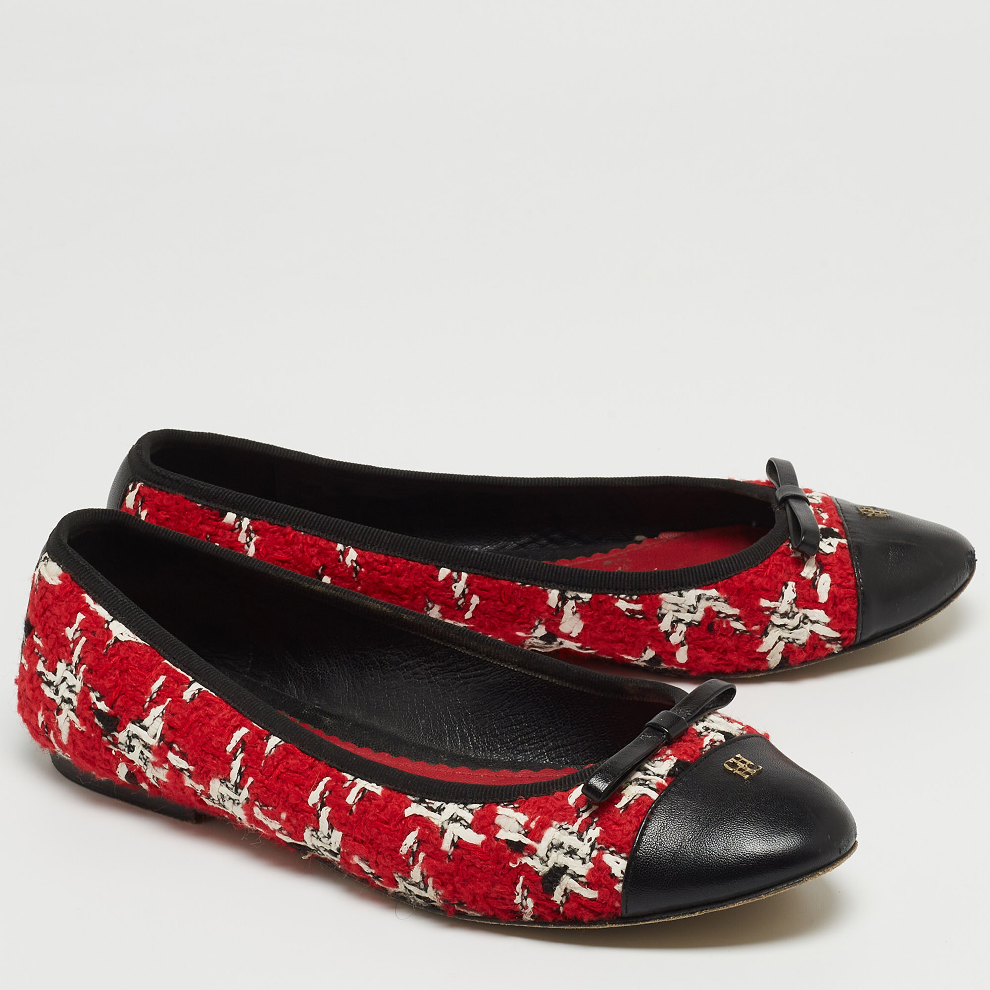 CH Carolina Herrera Multicolor Tweed And Leather Bow Ballet Flats Size 40