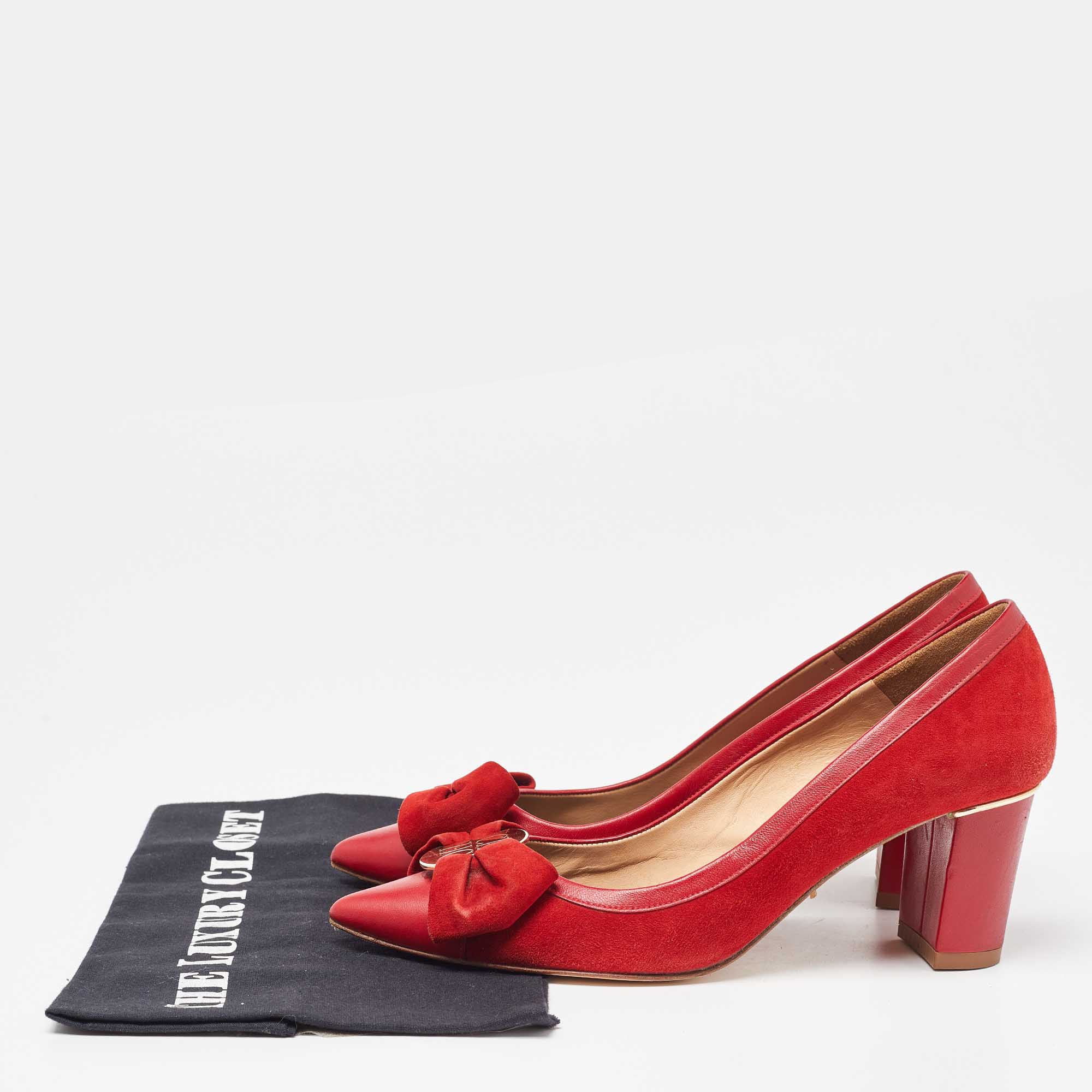 CH Carolina Herrera Red Leather And Suede Bow Pumps Size 37