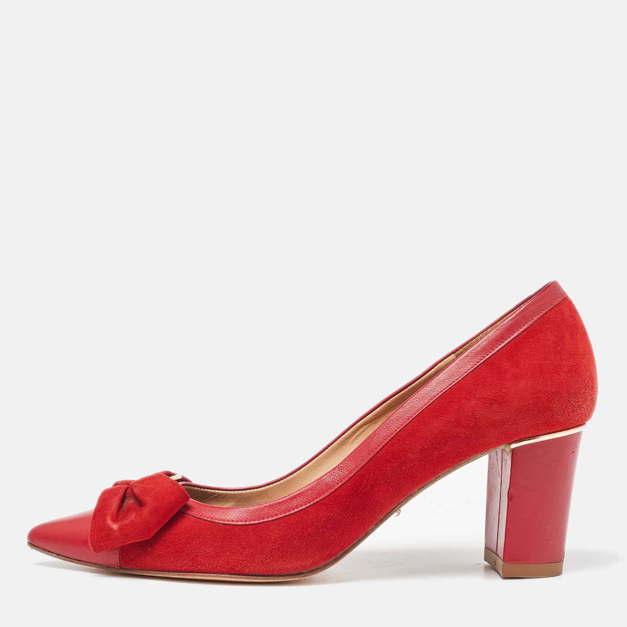 CH Carolina Herrera Red Leather And Suede Bow Pumps Size 37