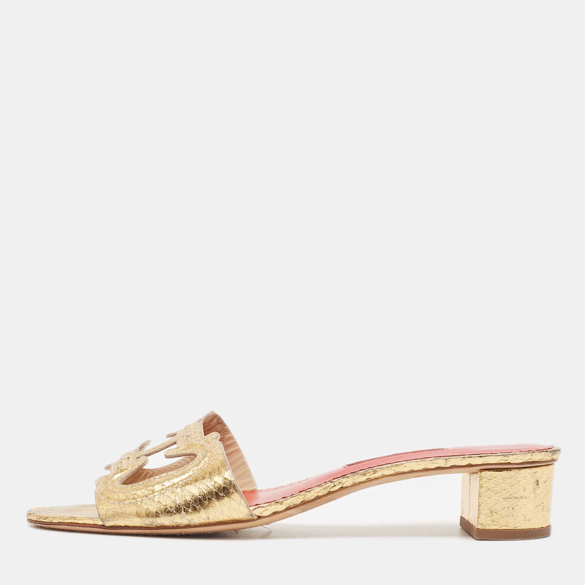CH Carolina Herrera Gold Python Embossed Slide Sandals Size 40